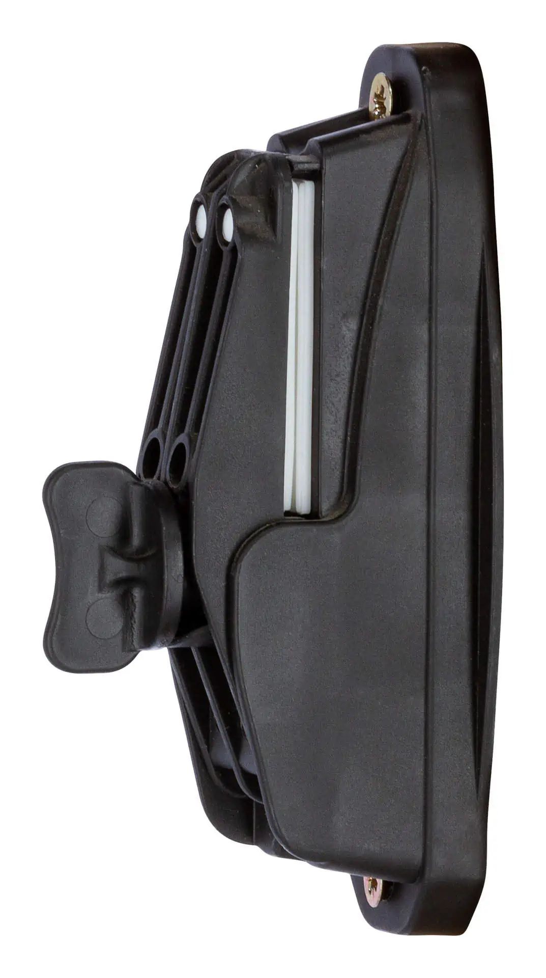 Isolatore di plastica nero per nastro elettrificato, vista laterale con morsetto