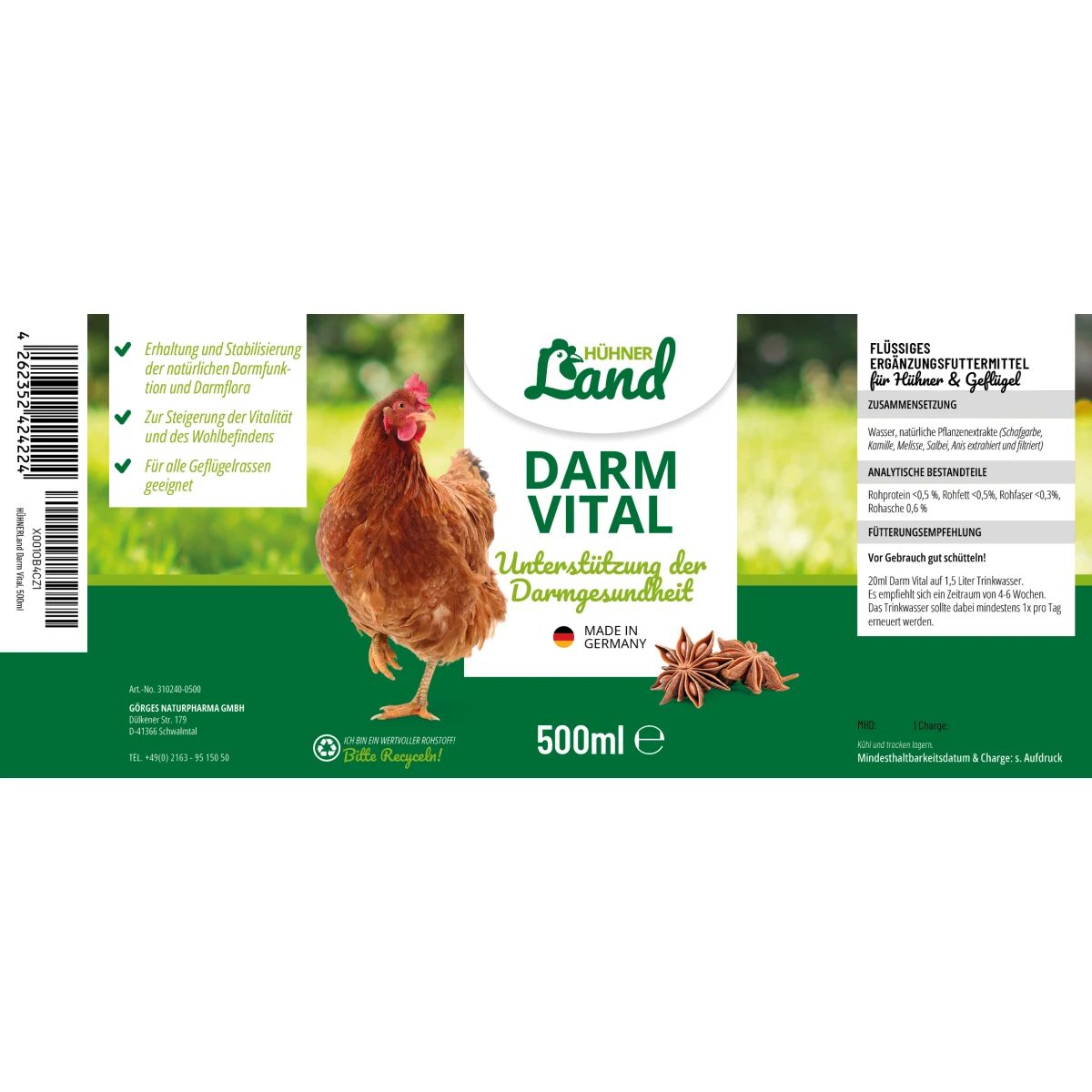 Hühnerland Bél Vital csirkéknek 500 ml, címke