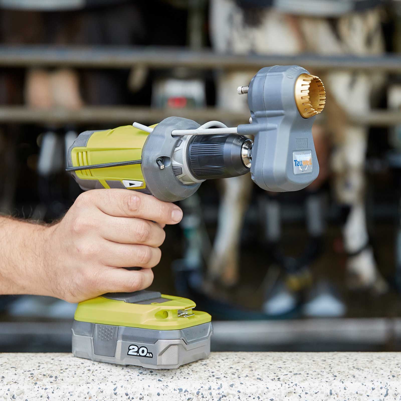 Kerbl Kuhschwanztrimmer TailWell 2 Titanium für Milchkühe, im Einsatz, in der Hand
