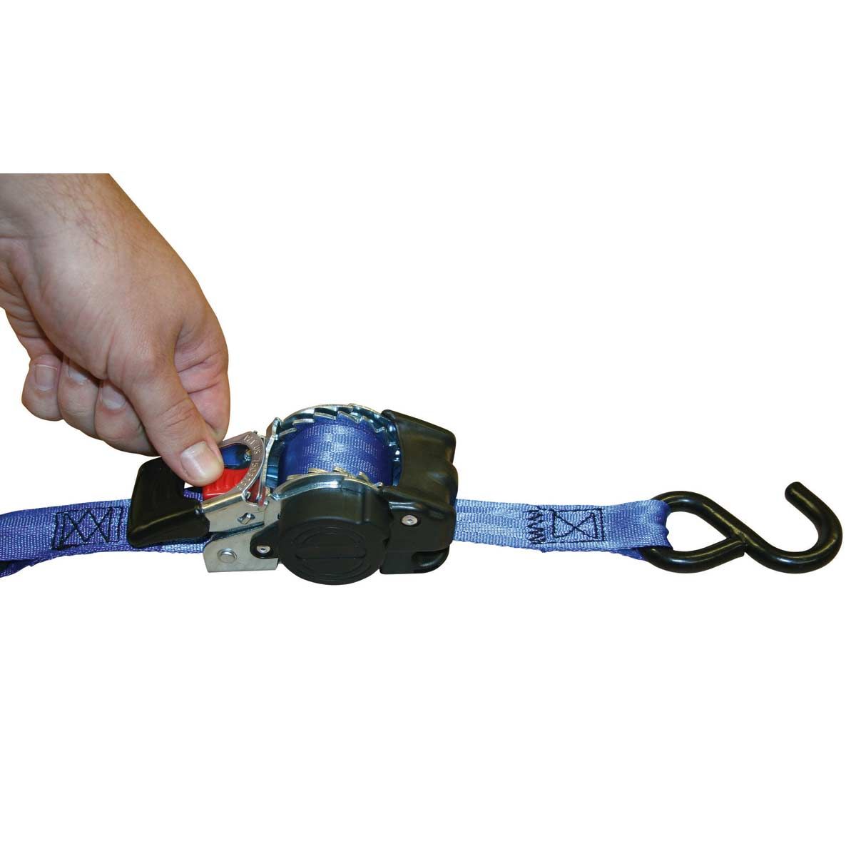 Kerbl Automatic Lashing Strap 1.8 m x 25 mm S-Hook, Blue, in use, held in hand