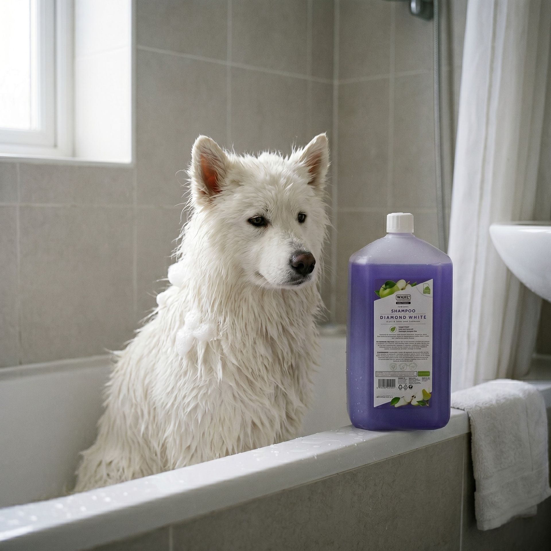 hund, tier, shampoo, bad, lila-flasche