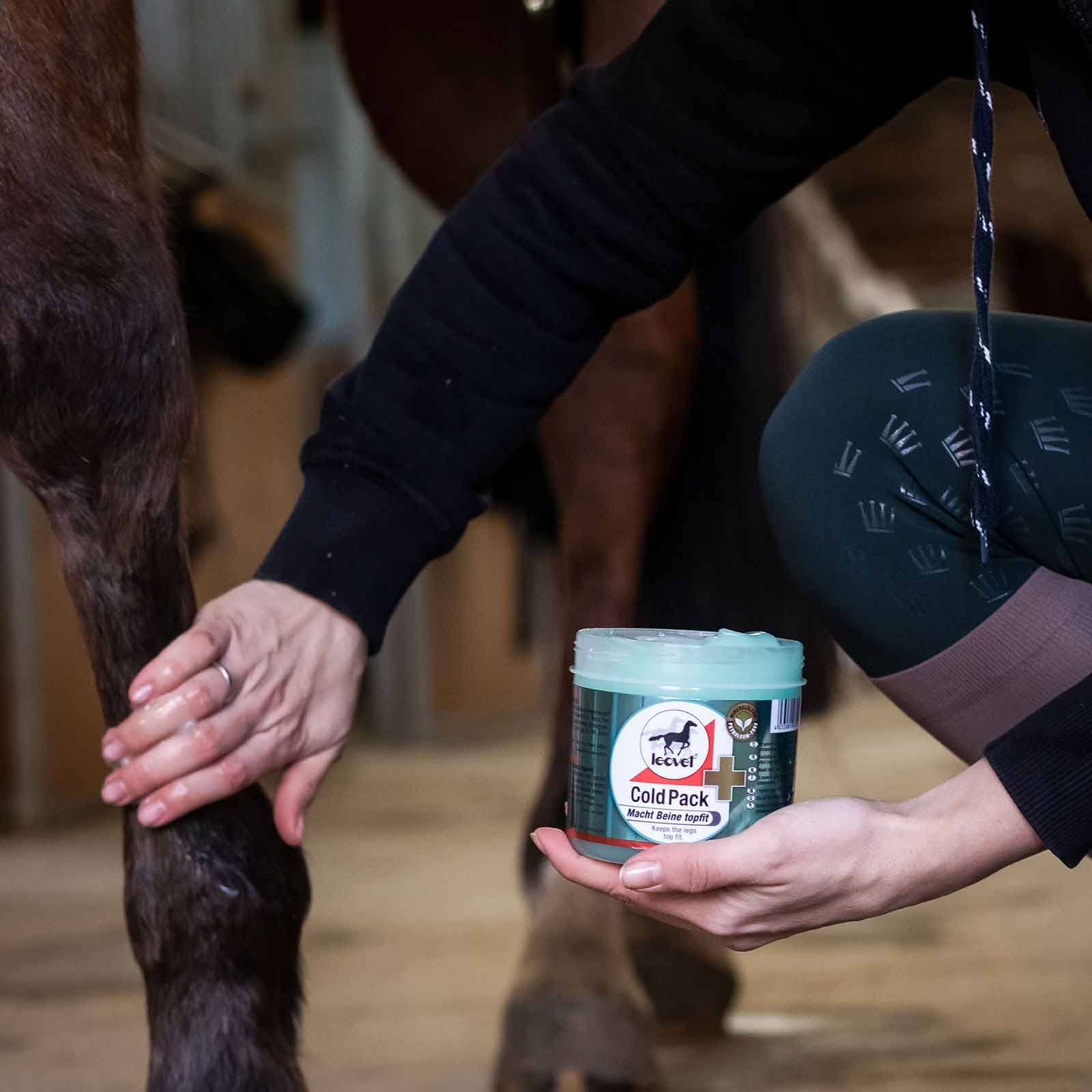 Leovet Cold Pack Gyógyszertári Lósalva, 1 L hűtőgél arnikával, használat közben, kézben