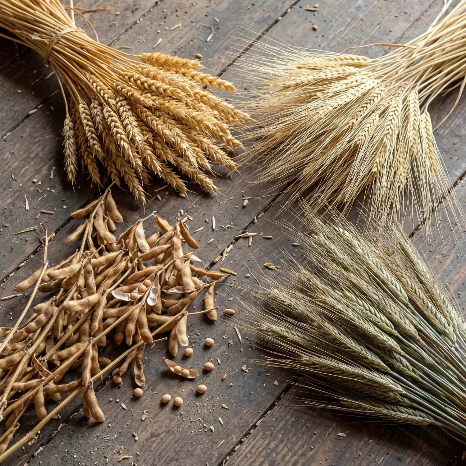 Weizenähren, Gerste und Sojabohnen als Bestandteile des Agrarzone Minischweinfutters