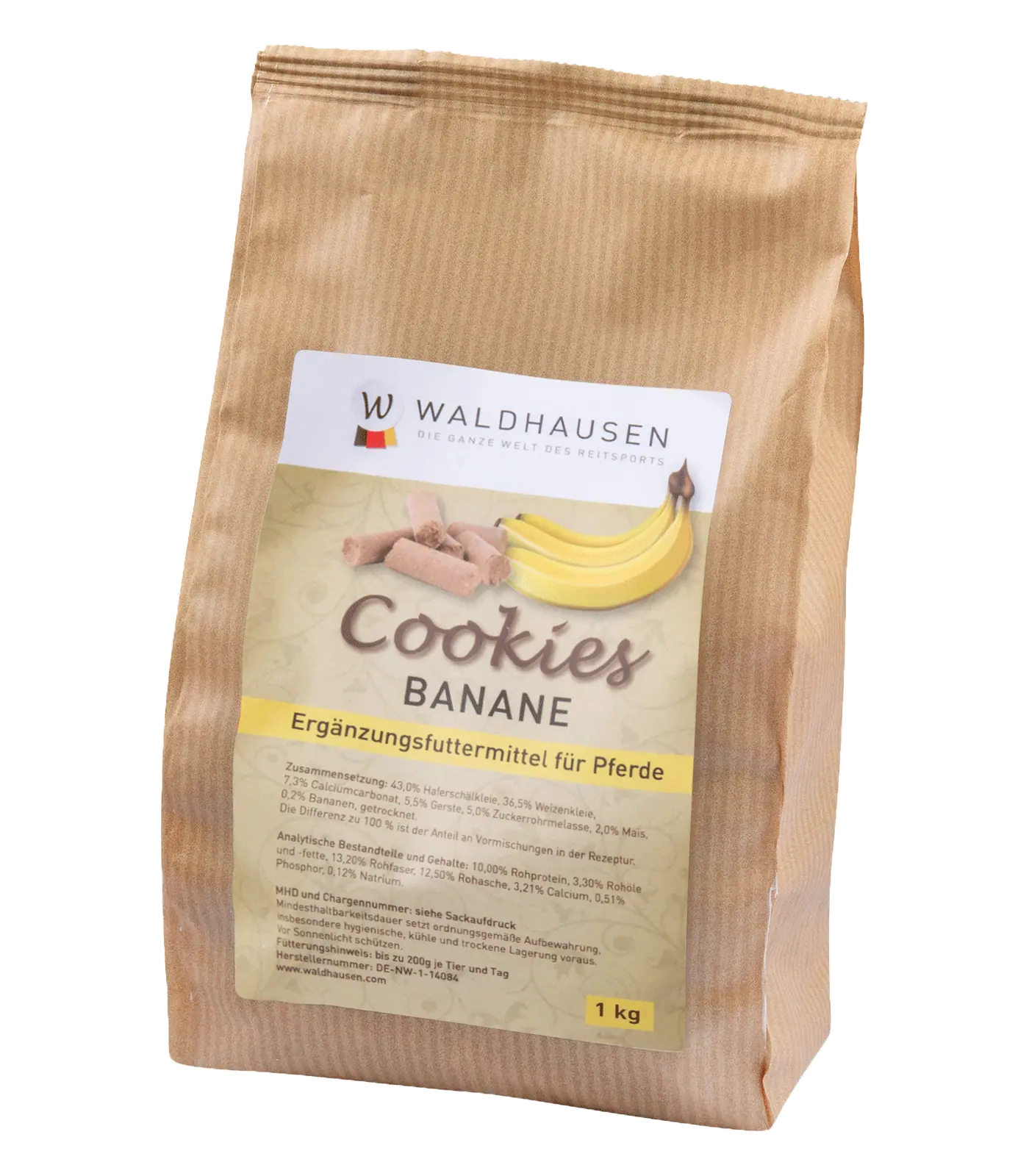 Waldhausen Cookies Banana, Sugar-Free Horse Treats, 1 kg, packaging