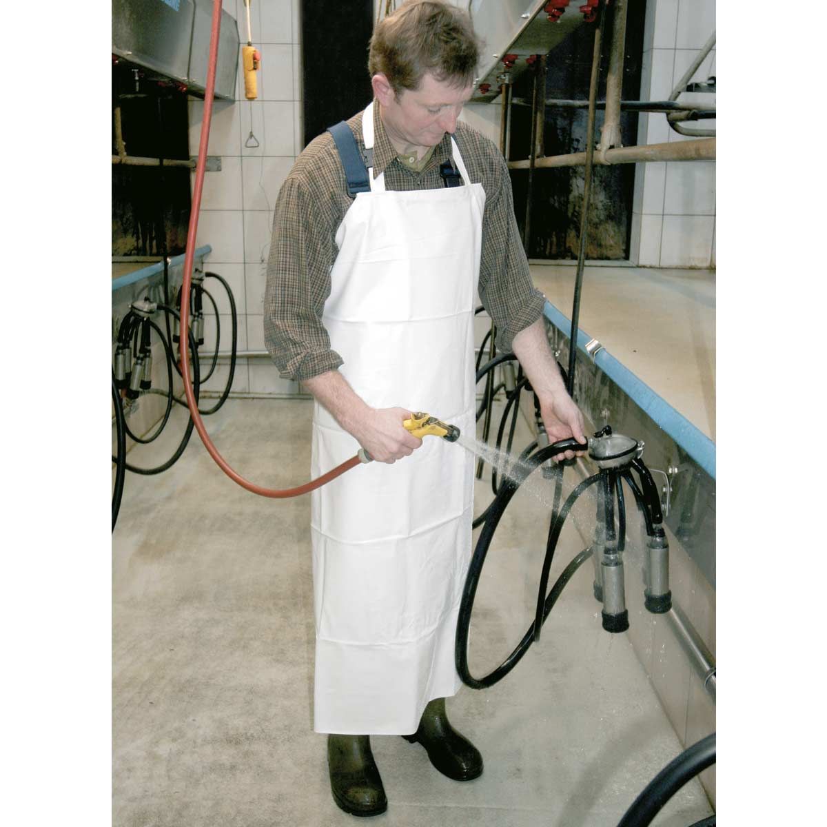 Tvättförkläde Mjölkningsförkläde, i användning