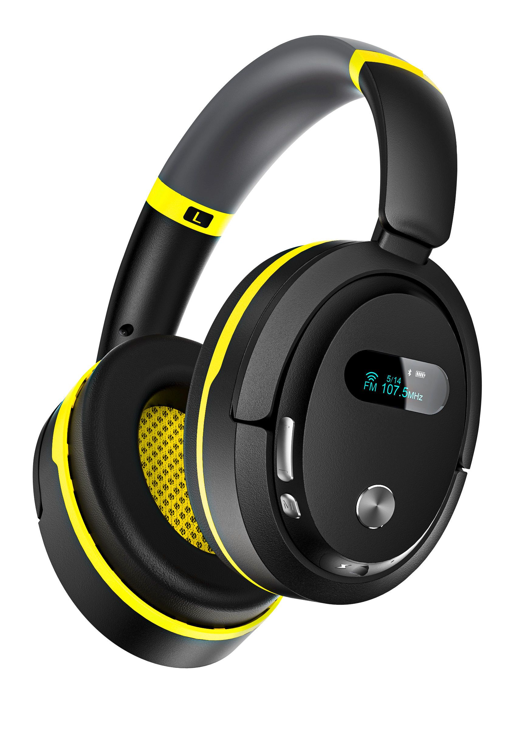 headphones, over-ear, wireless, bluetooth, yellow accents