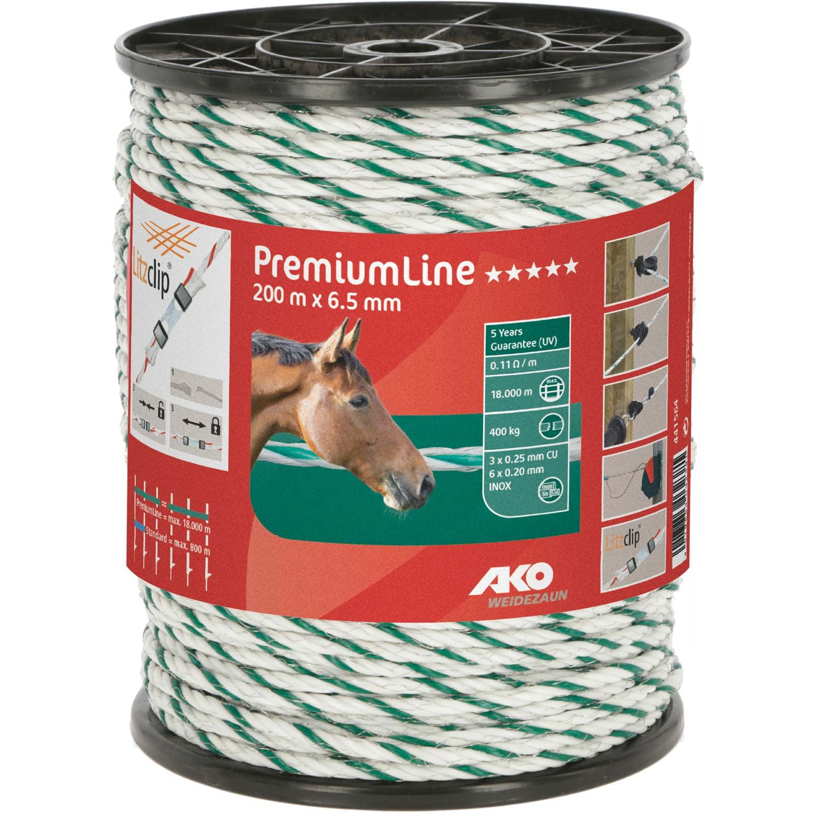 AKO Corda per recinto elettrico PremiumLine Ø 6,5mm, 6x0.20 acciaio + 3x0.25 rame, bianco / verde