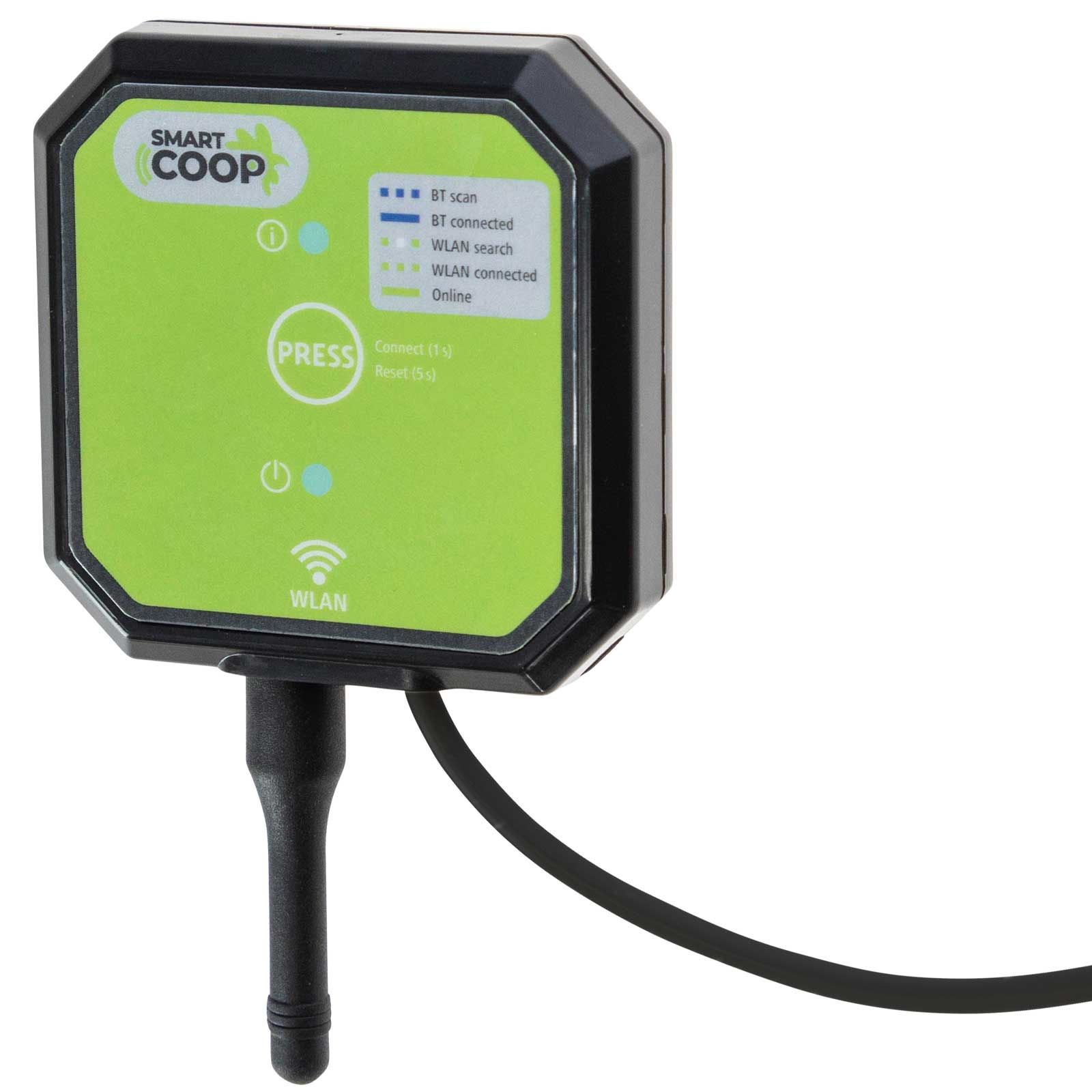 Unitate de control verde Smart Coop cu simbol WiFi, butoane și cablu
