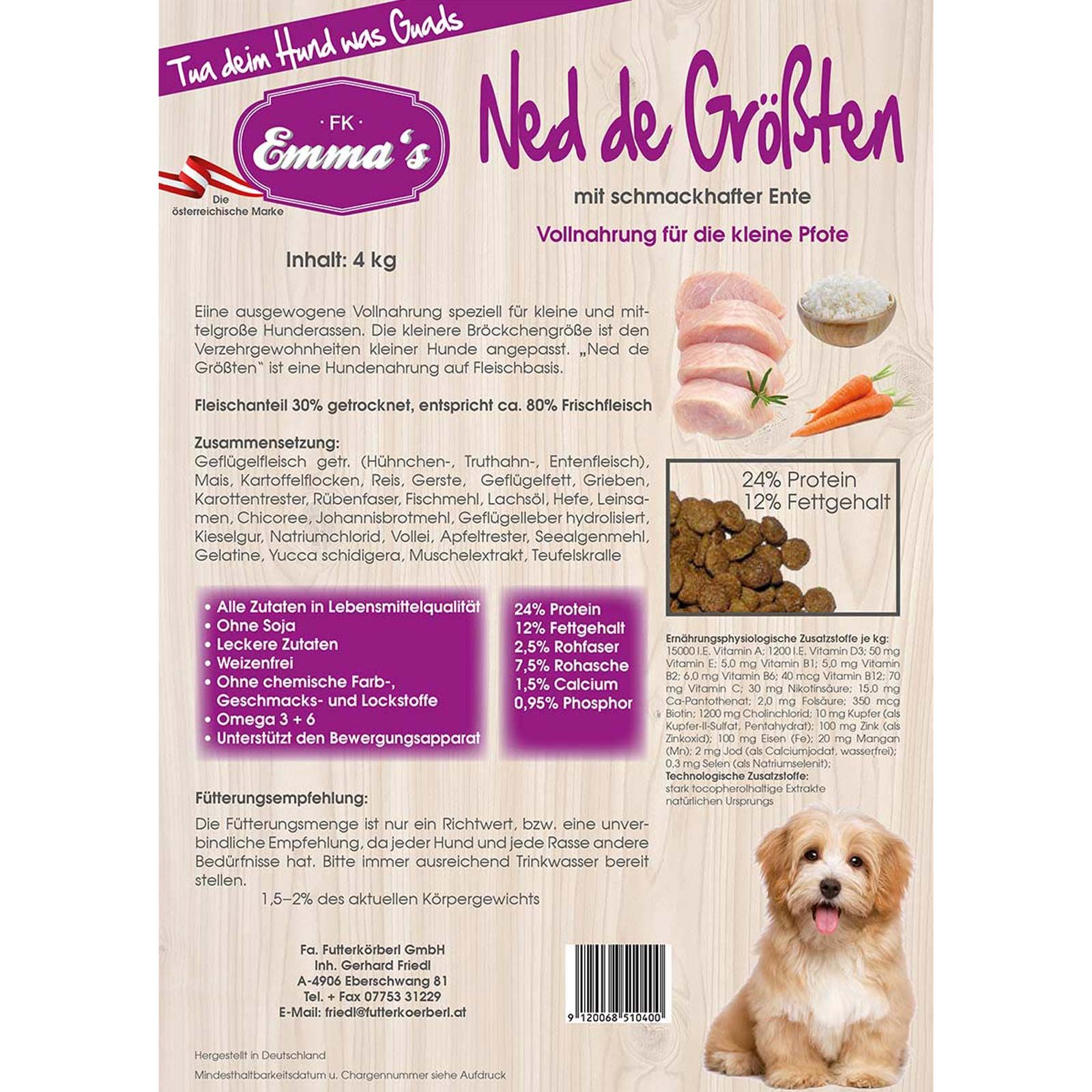 Emmas Ned de Größten Crocchette per cani piccola taglia con anatra, vista posteriore