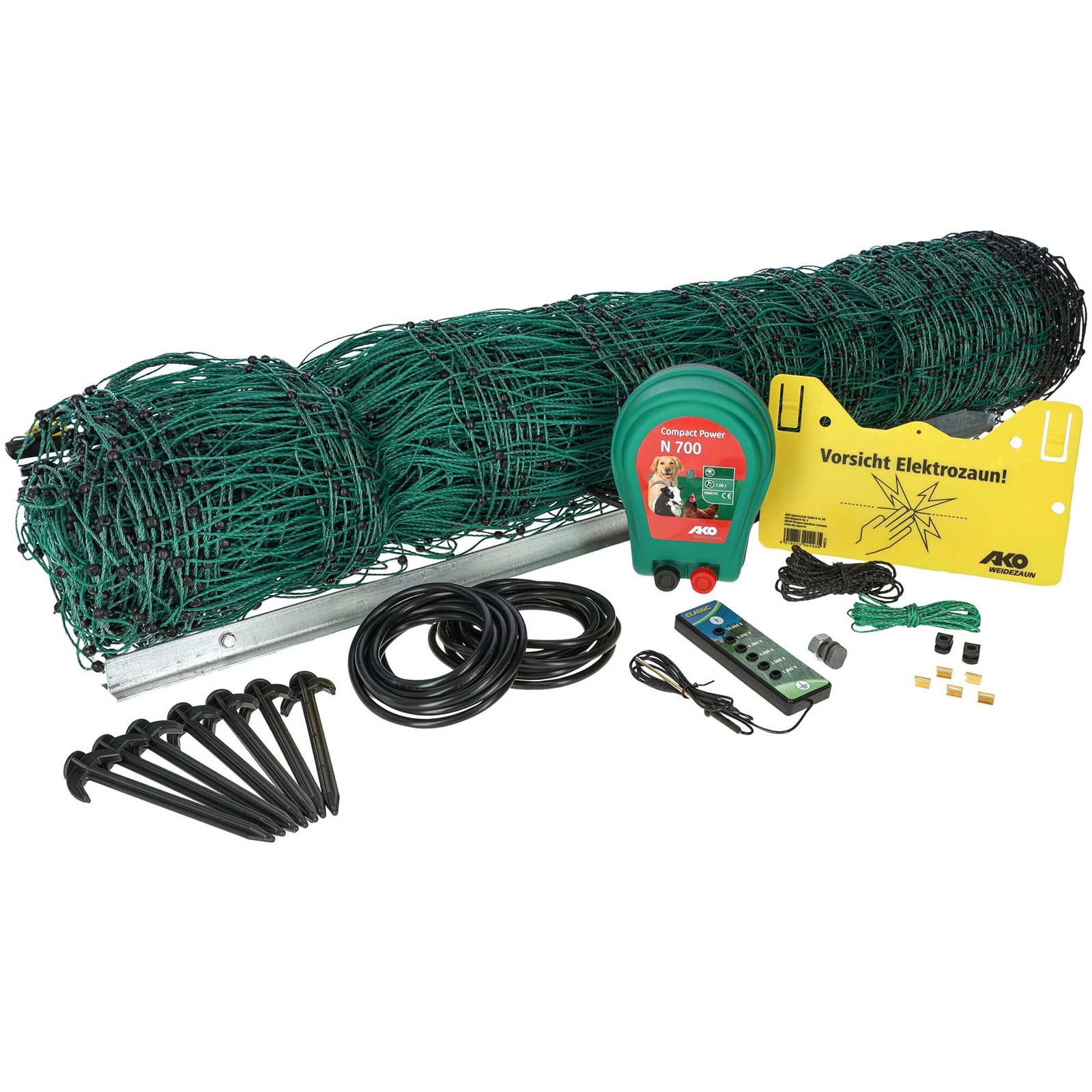 AKO fjäderfänät Set 50 m 230V startpaket komplett kit, leveransinnehåll