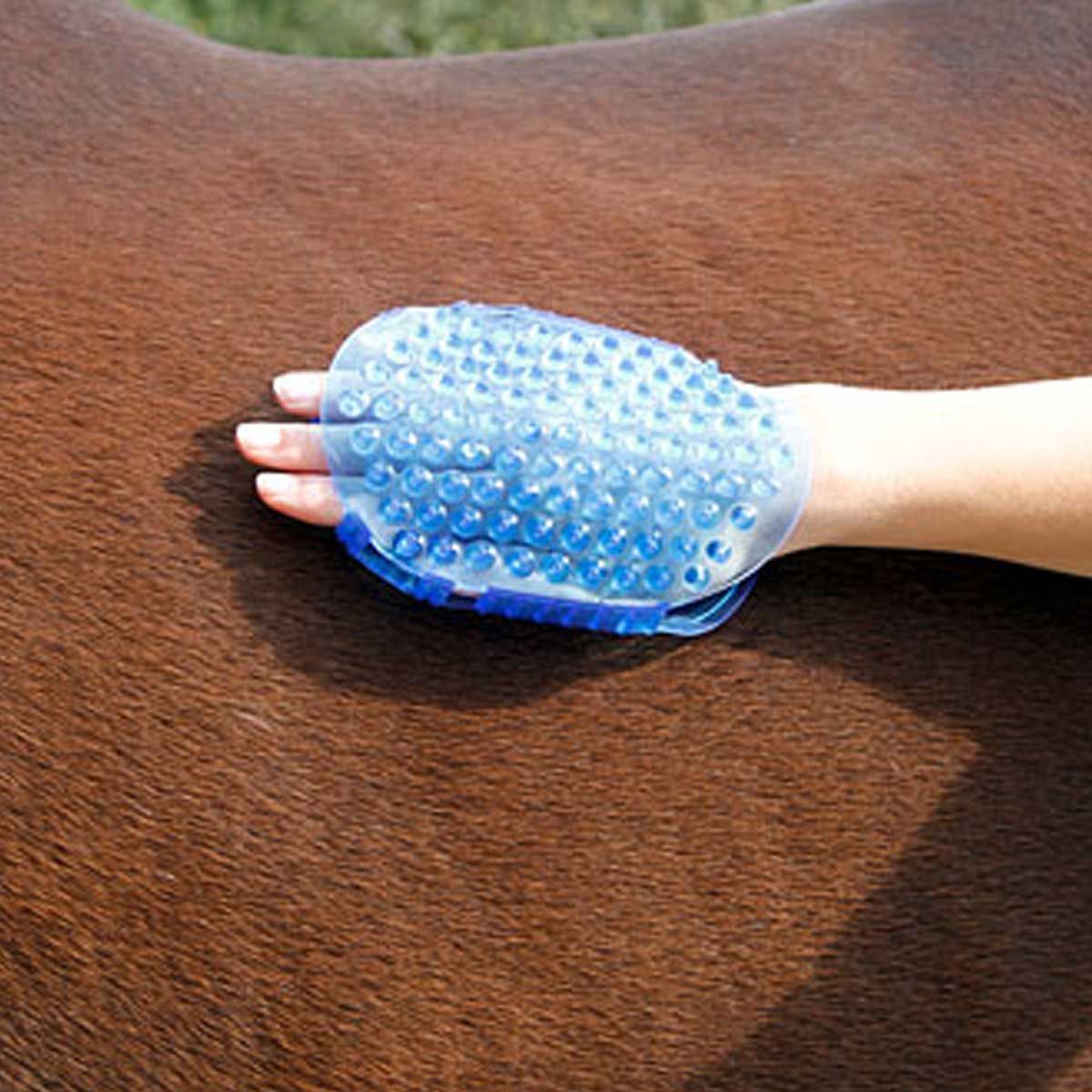 Kerbl Magnetic Massage Curry Comb for Horses, Soft Grooming Tool, in use, held in hand