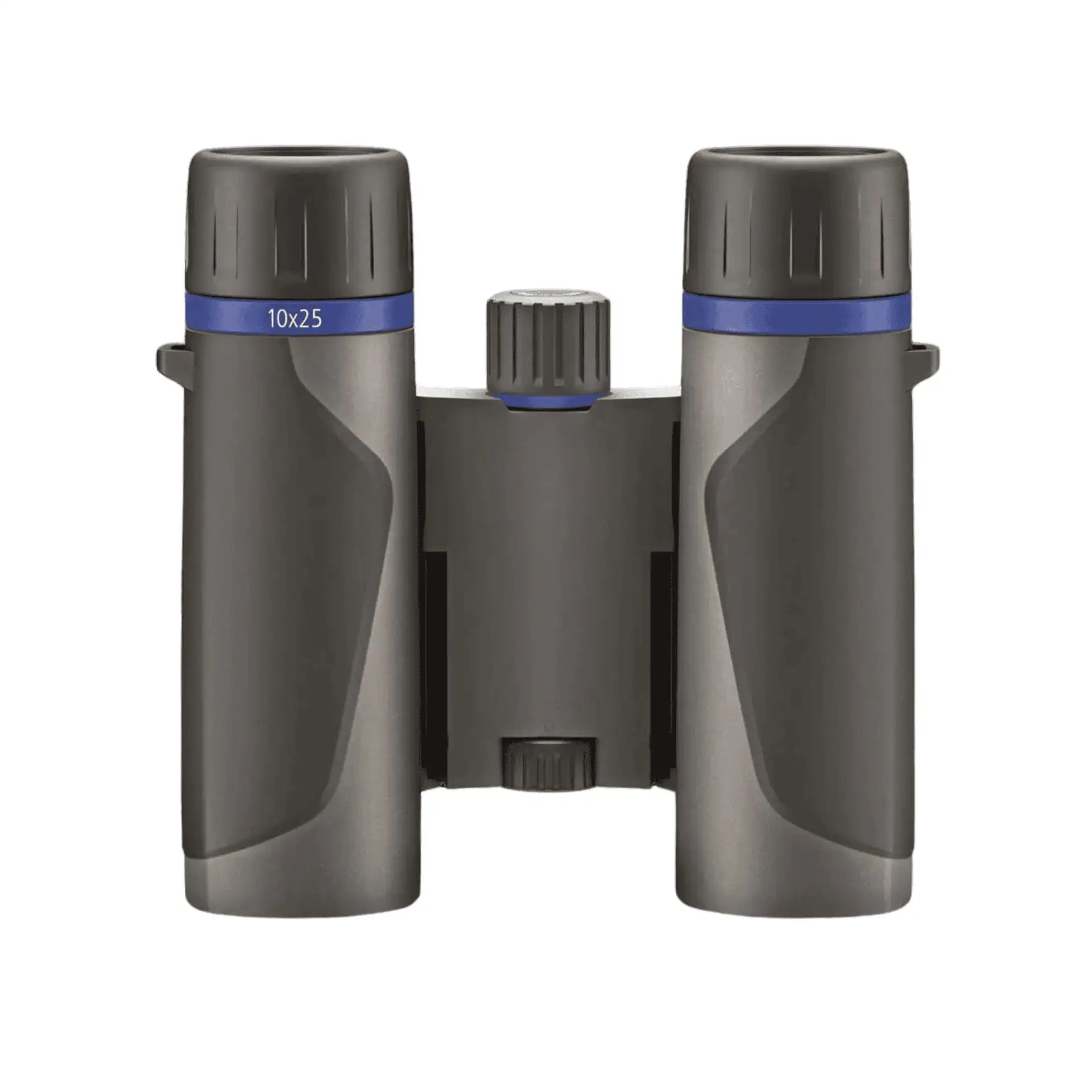 Dark binoculars with blue rings on the eyepieces, marked 10x25