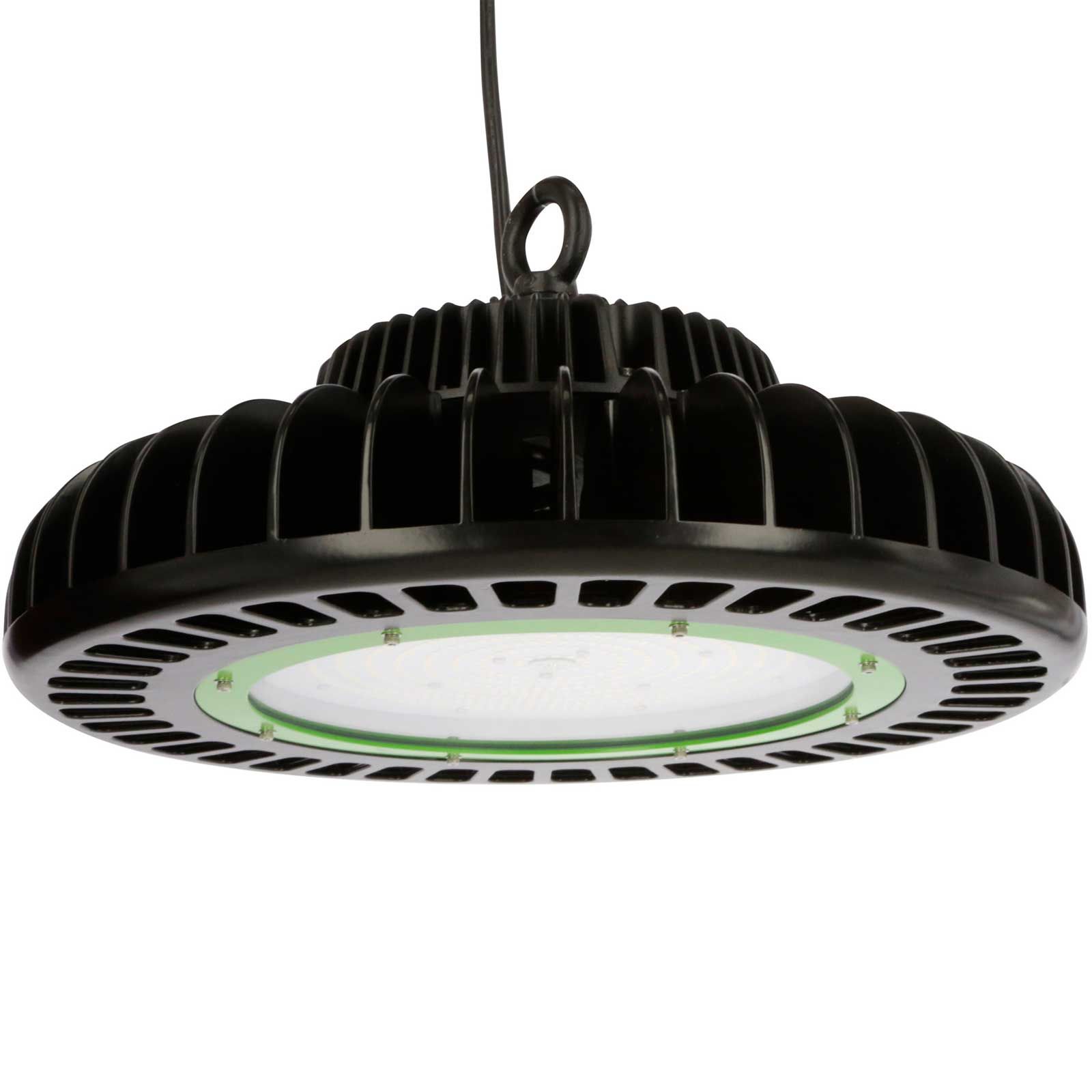 Round LED barn light with cooling fins and cable loop