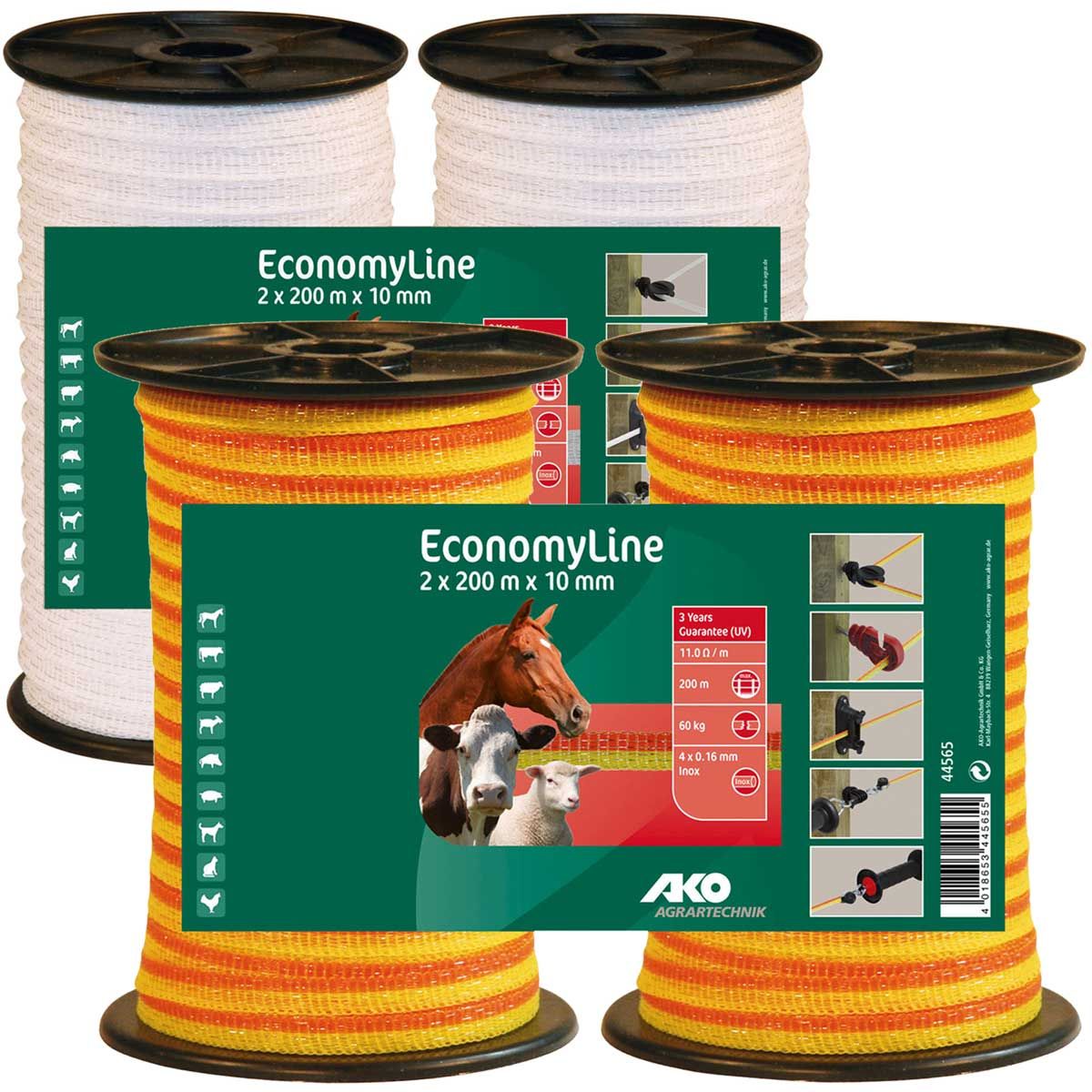 Ruban de clôture électrique AKO EconomyLine 400m, 10mm, 4x0.16 acier inoxydable