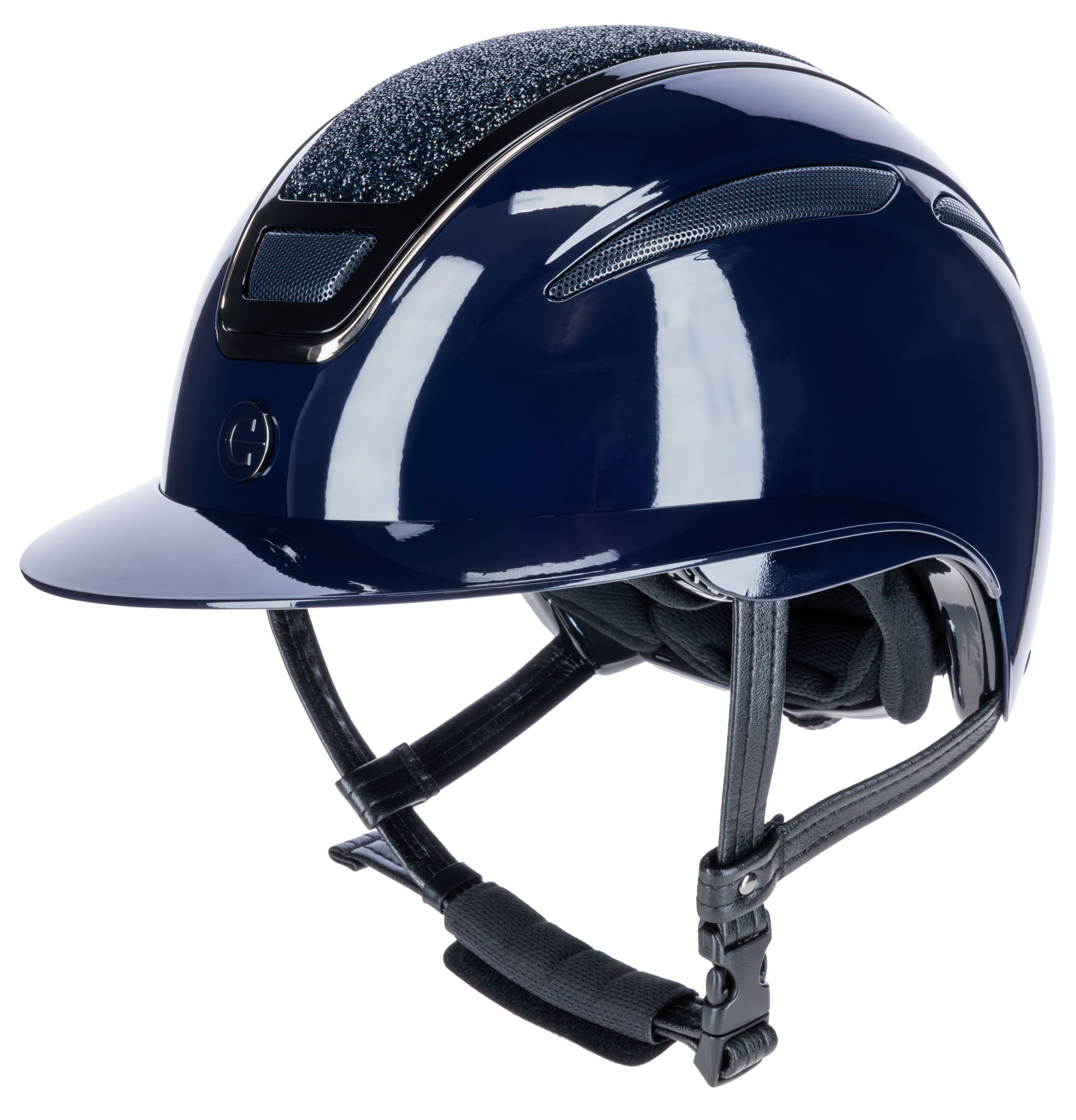 riding helmet, blue helmet, glitter accents, adjustable strap, vented helmet