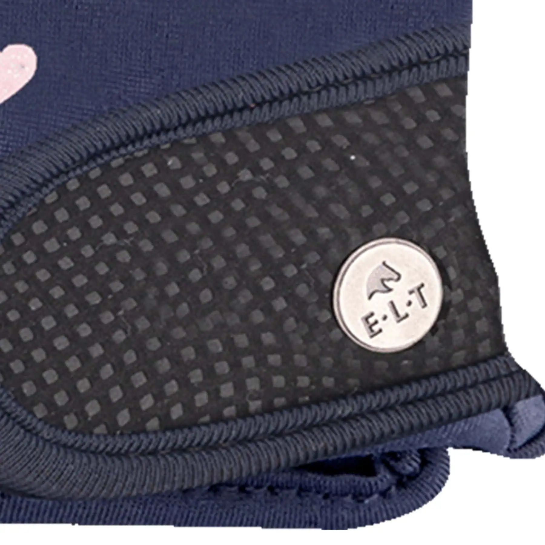 Gants d'équitation ELT Metropolitan Heart pour enfants, cœurs pailletés, détail, logo