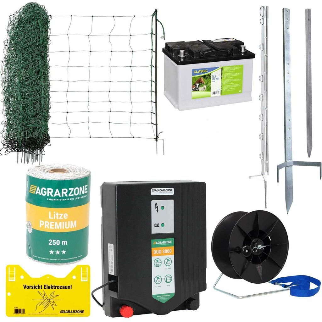 Kit de défense Agrarzone pour moutons & électrificateur DUO 3000 12V/230V, 4,5J, filet 500m x 90cm, contenu de la livraison