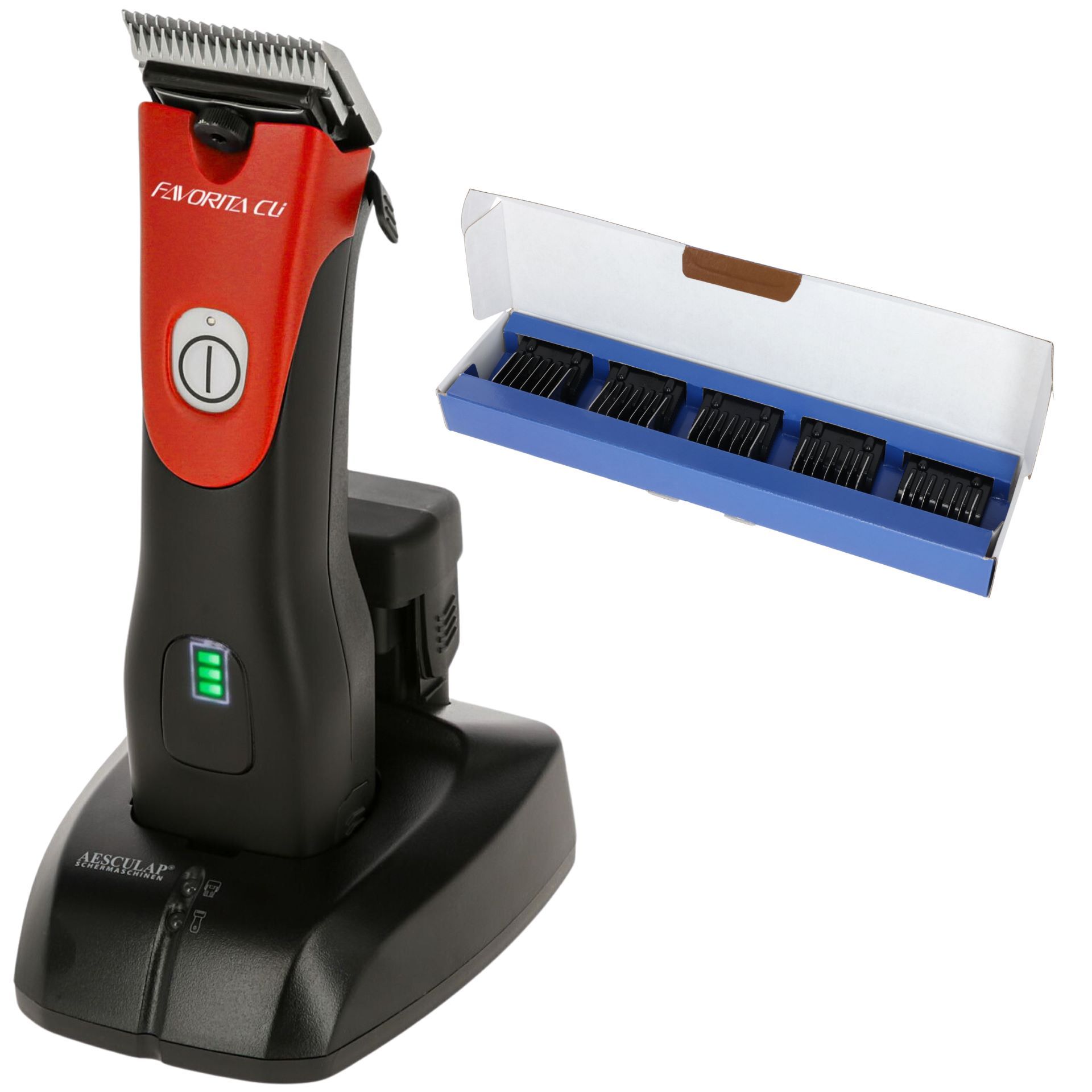 Aesculap Favorita CLi Cordless Clipper Red with Attachment Comb Set, what's included