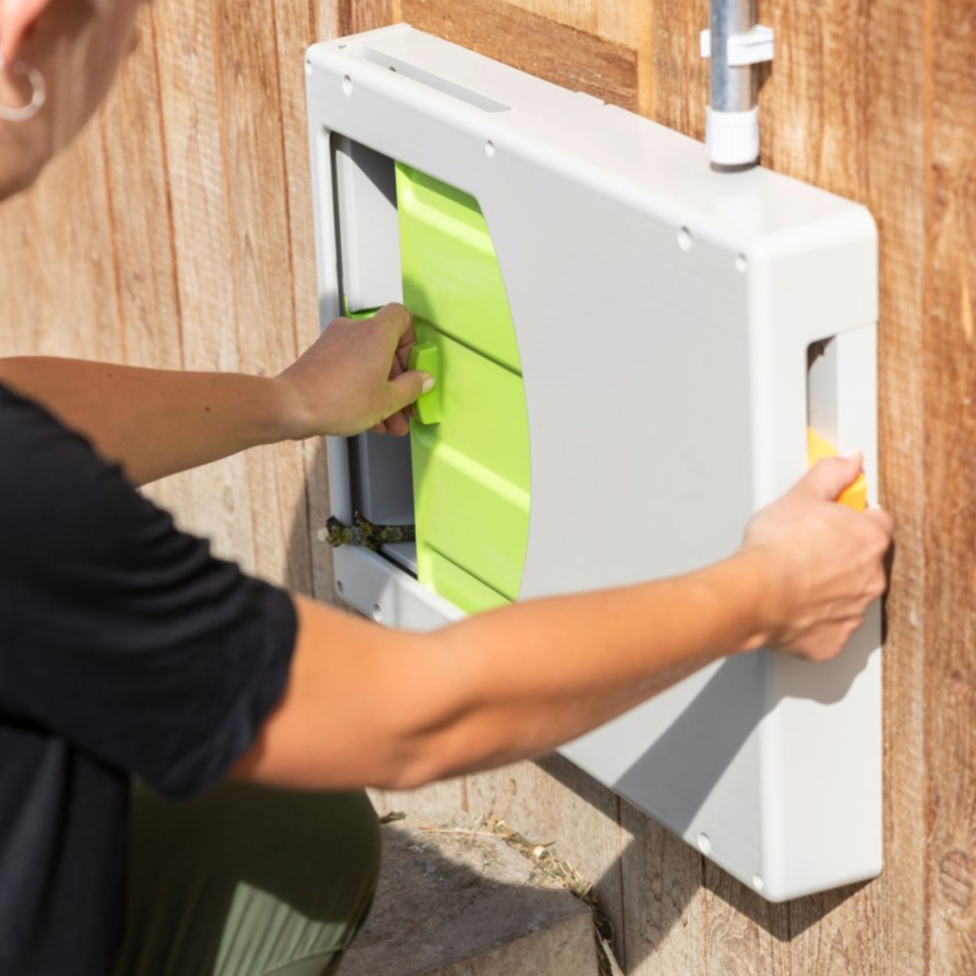 outdoor electrical, fuse box, surface mount, green panel, hand opening