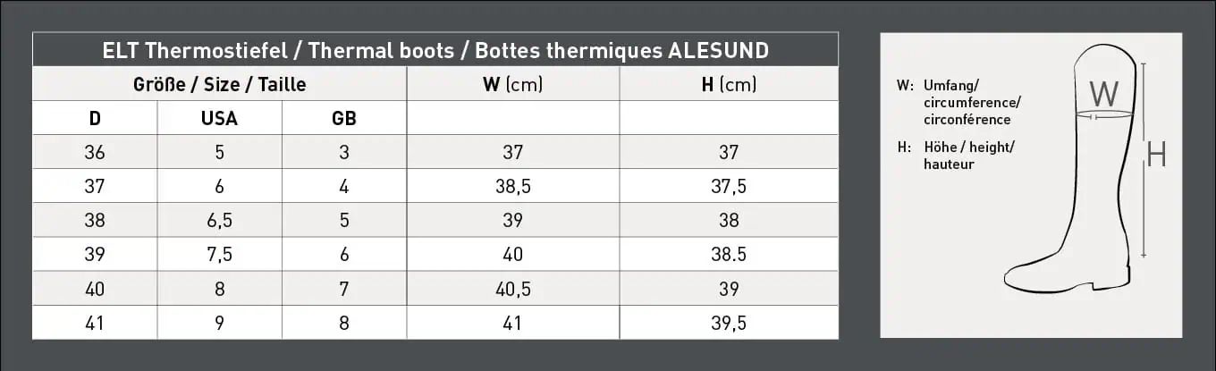ELT Thermostiefel Alesund, wasserabweisend, rutschfeste Sohle, Größentabelle