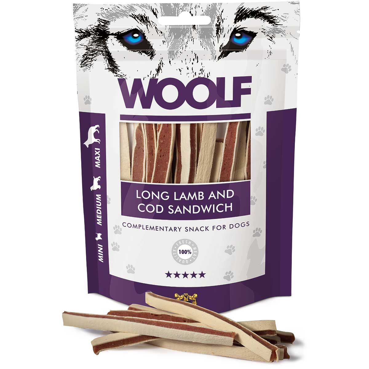 Woolf Dog Treat Sandwich di agnello e merluzzo, confezione