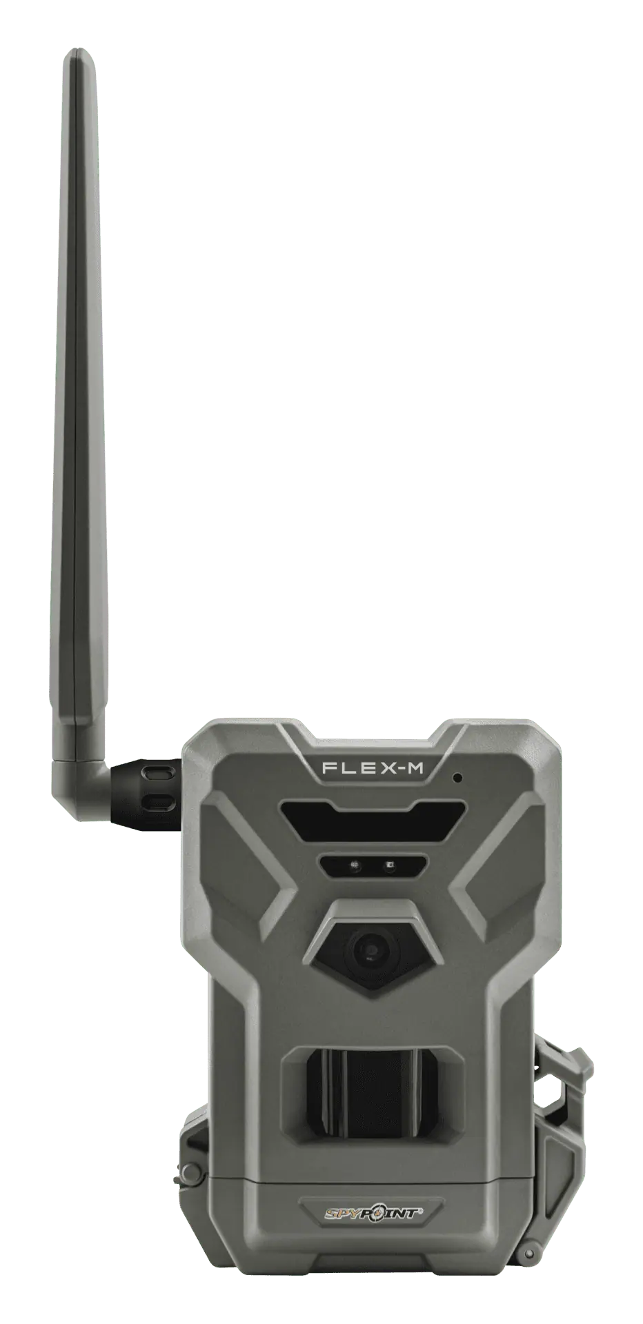 Wildkamera in Tarnfarbe mit Objektiv, Sensor und aufgesetzter langer Antenne, Aufschrift Flex-M