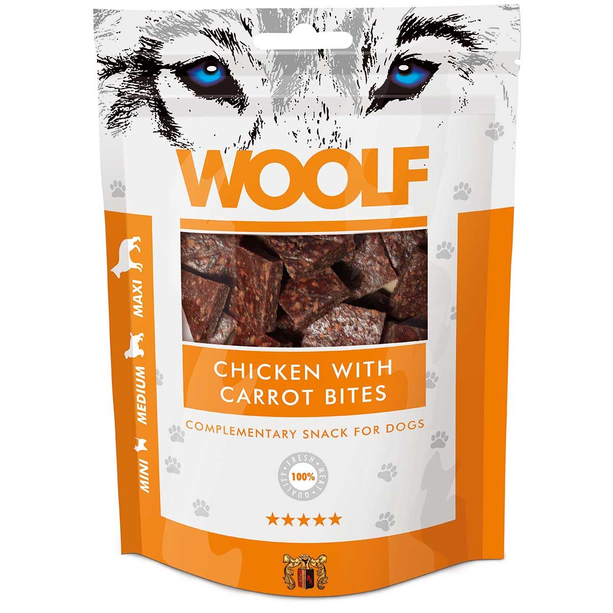 Woolf hundgodis, kyckling med morotsbitar