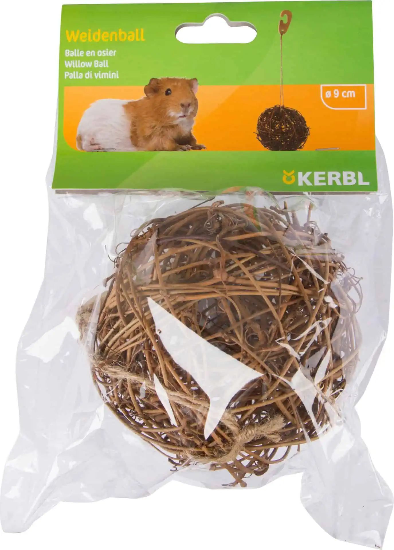 Kerbl Weidenball für Nager, Ø 9 cm, zum Befüllen mit Futter, für gesunde Zähne, Verpackung