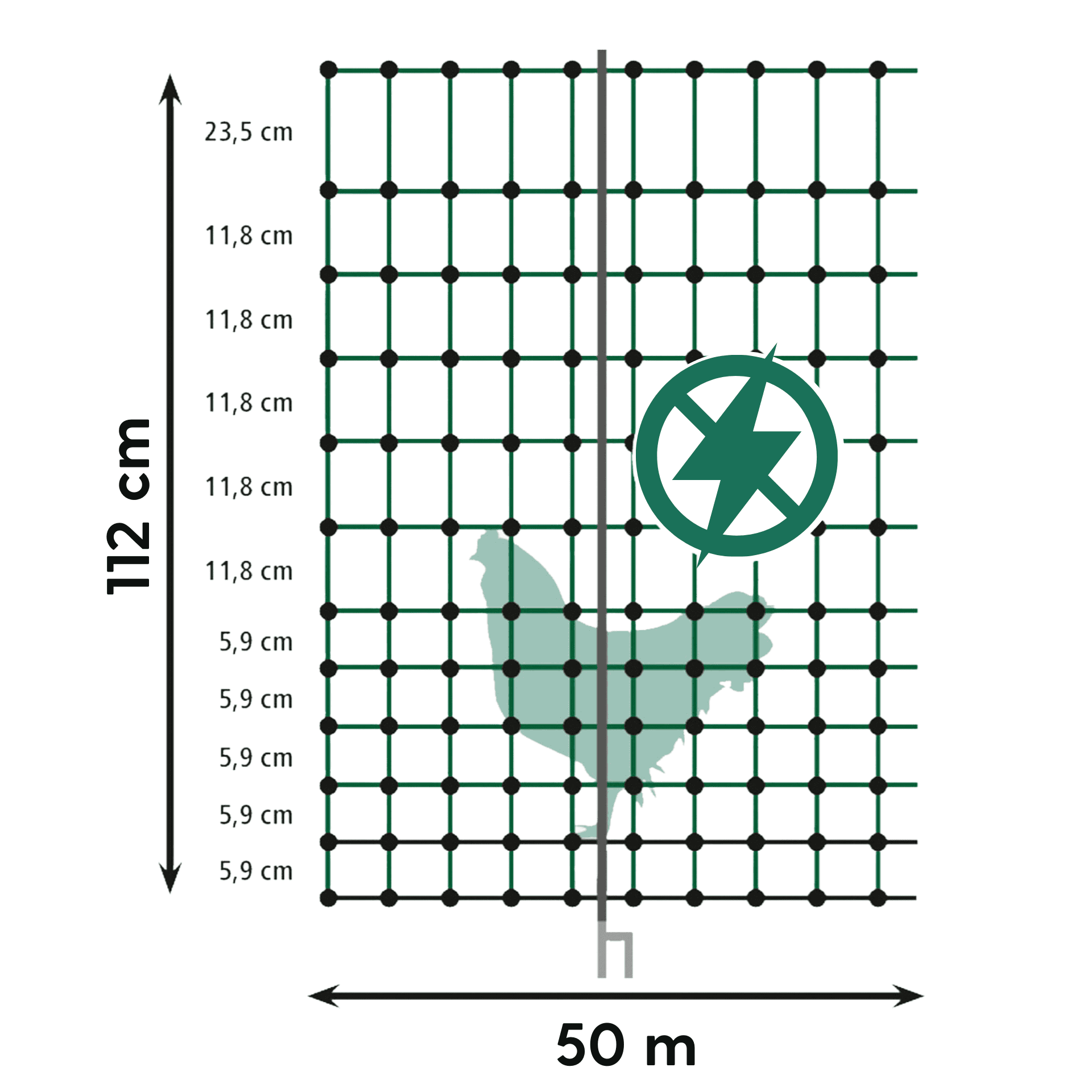Agrarzone Poultry Netting Classic non electric, double tip, green, dimensioned drawing