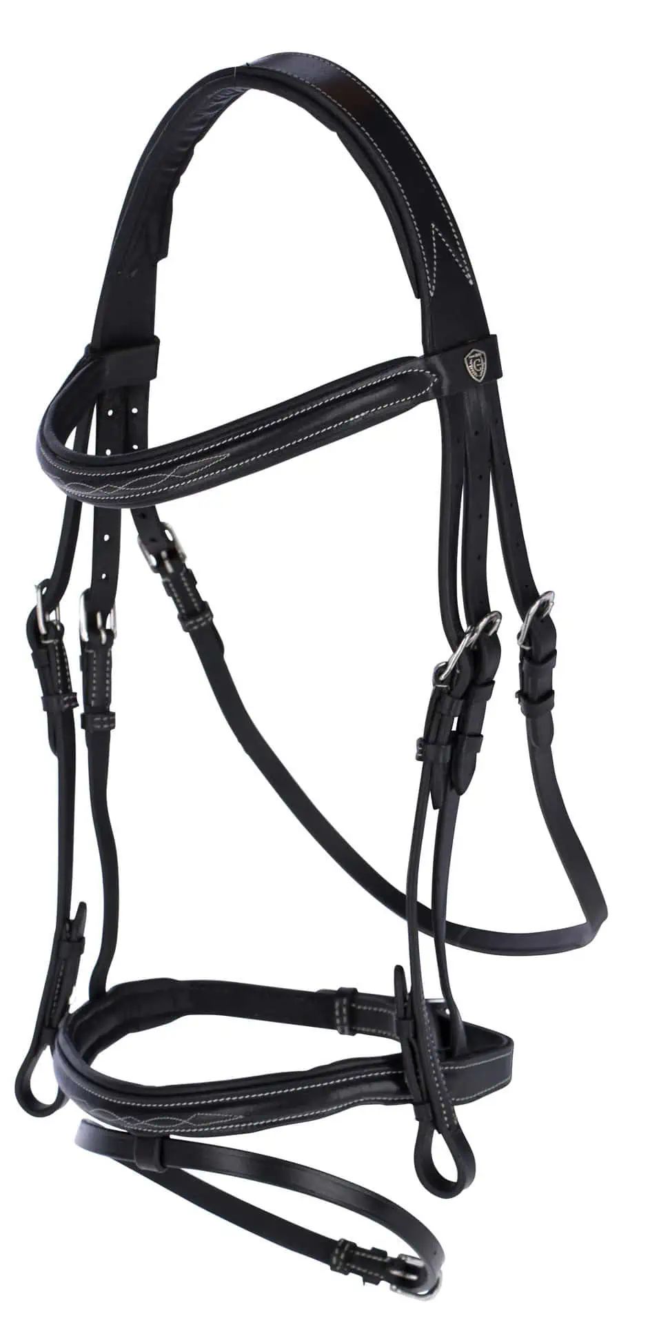 Covalliero Bridon Classic en cuir noir, sans mors, avec surpiqûres blanches