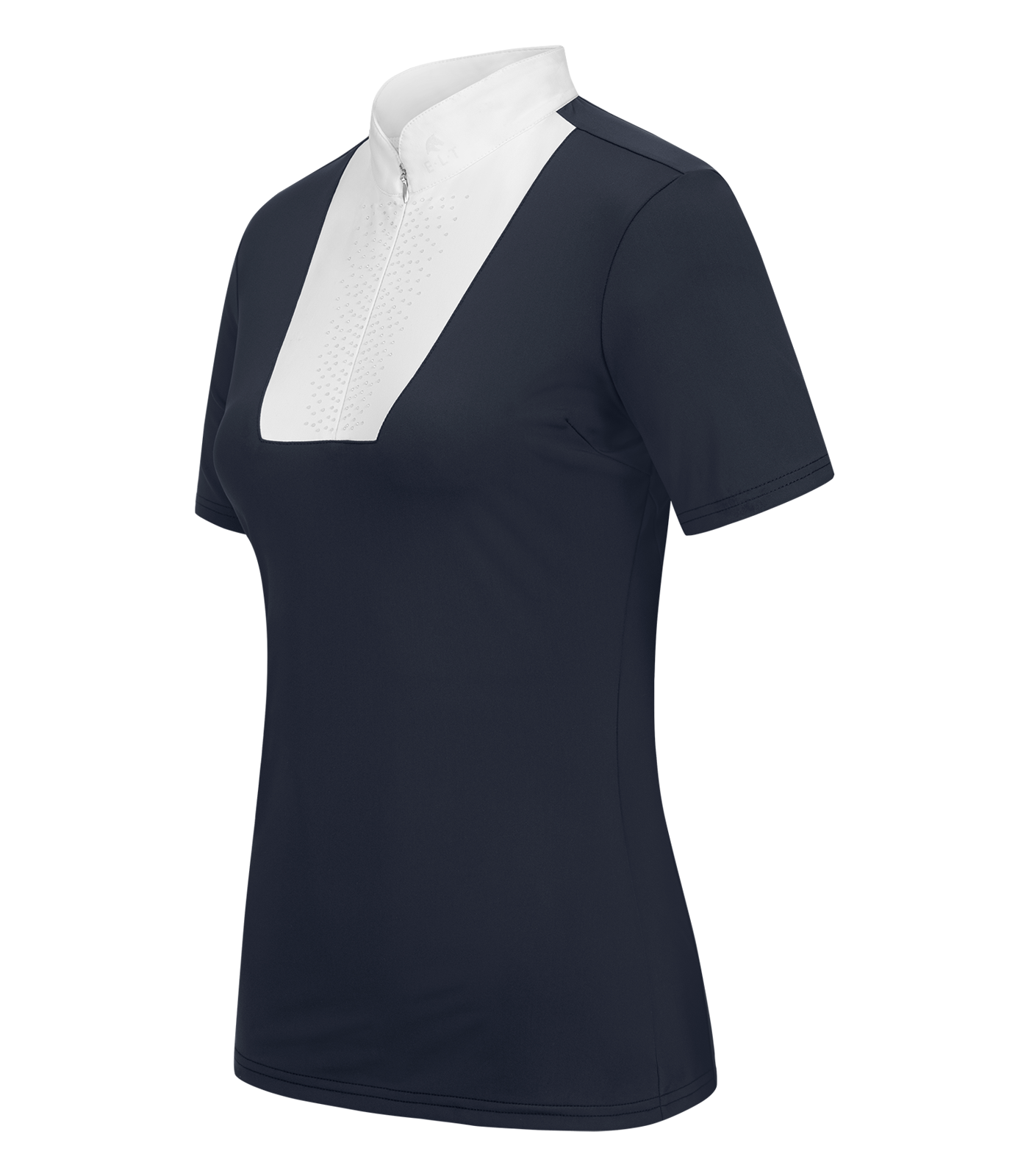 Haut d'équitation femme bleu foncé avec col montant blanc et manches courtes