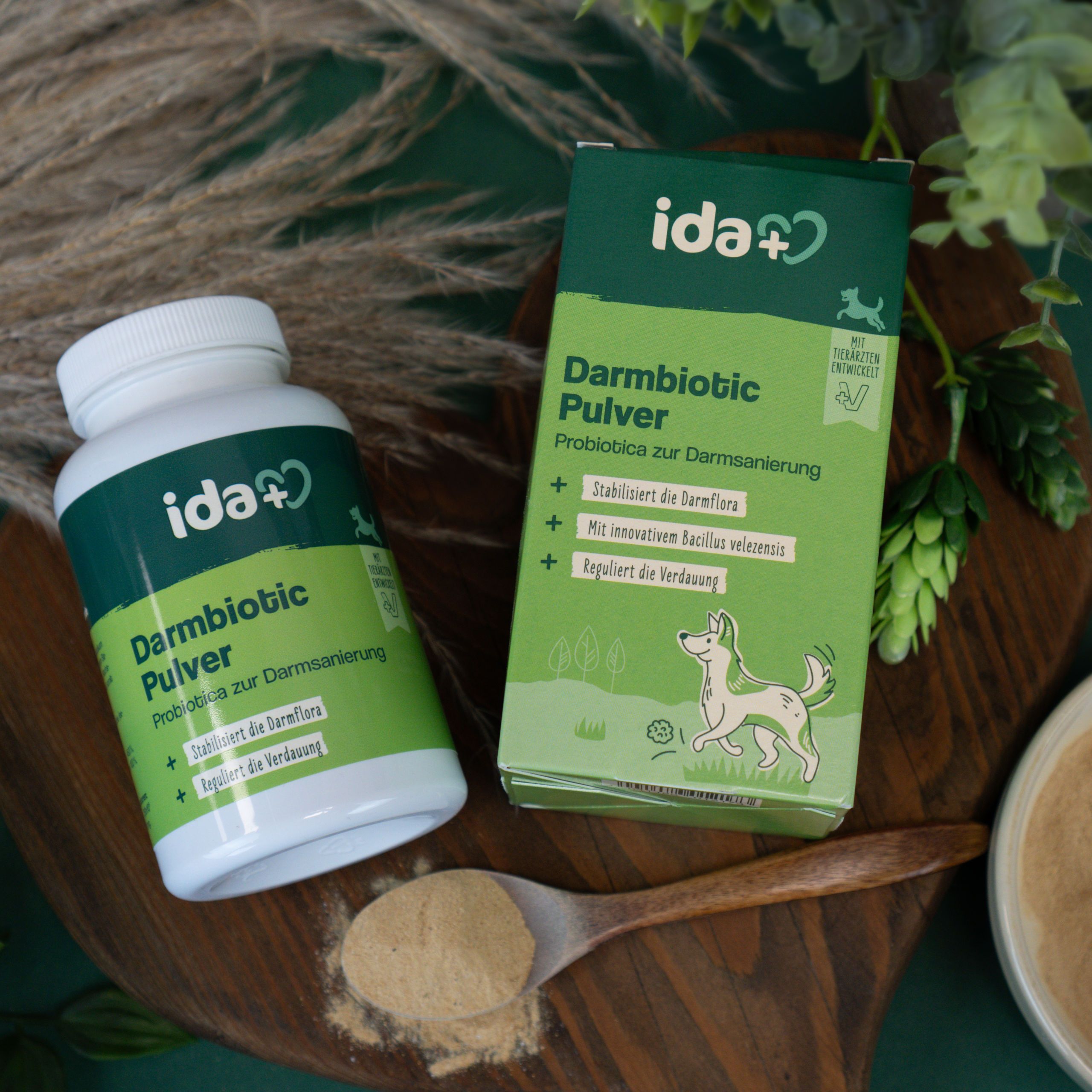 probiotic powder, digestive health, dog supplement, green packaging, food supplement