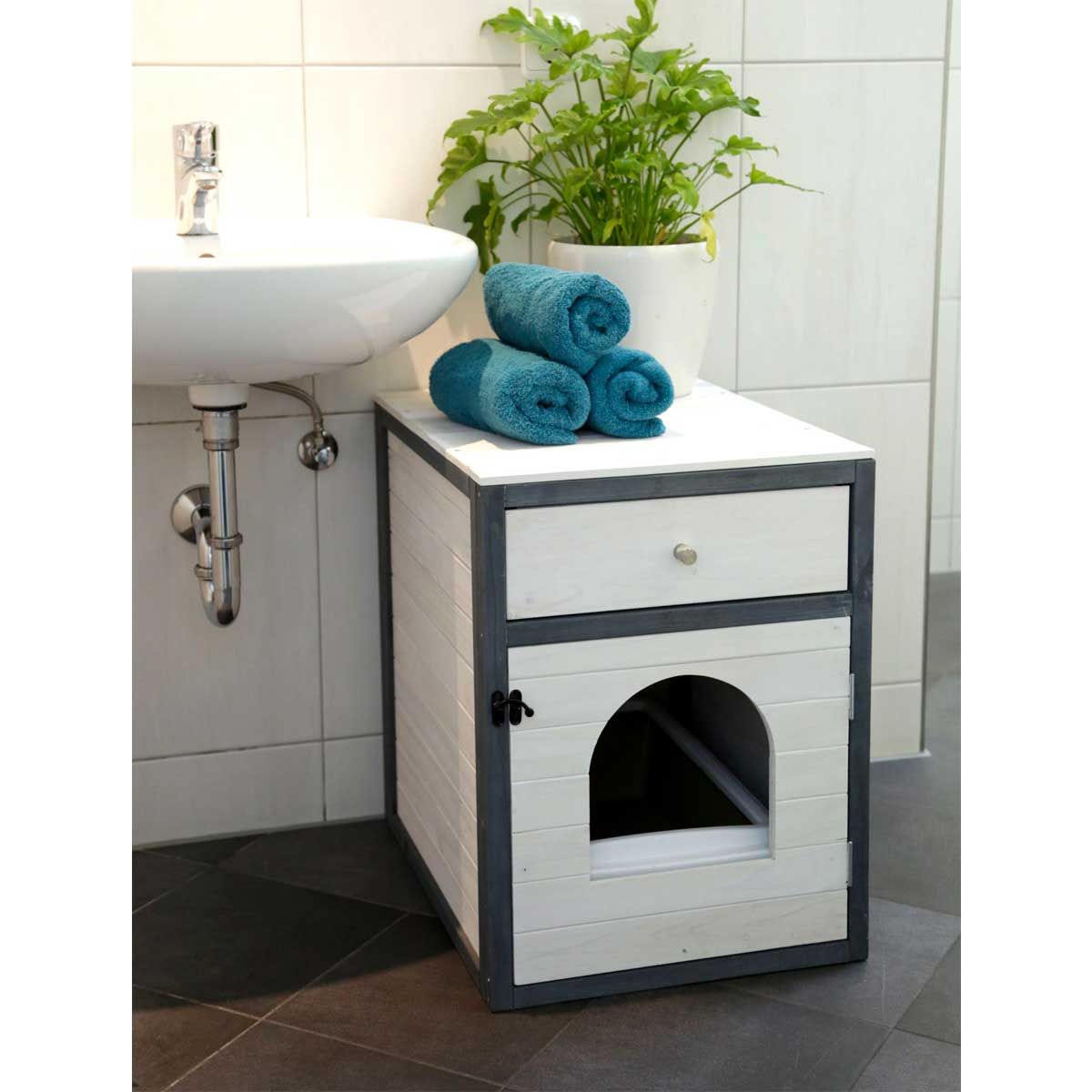 Kerbl Katzenschrank Ida, Möbeldesign mit Schublade, 45x58x60 cm, Anwendungsbeispiel, im Wohnraum