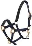 Schwarzes Halfter aus Nylon mit goldfarbenen Metallringen und Schnallen