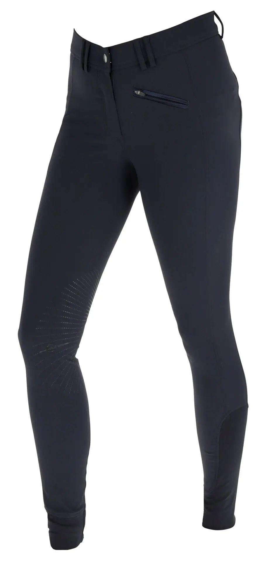 Pantaloni da equitazione scuri con rinforzo al ginocchio e tasca con zip