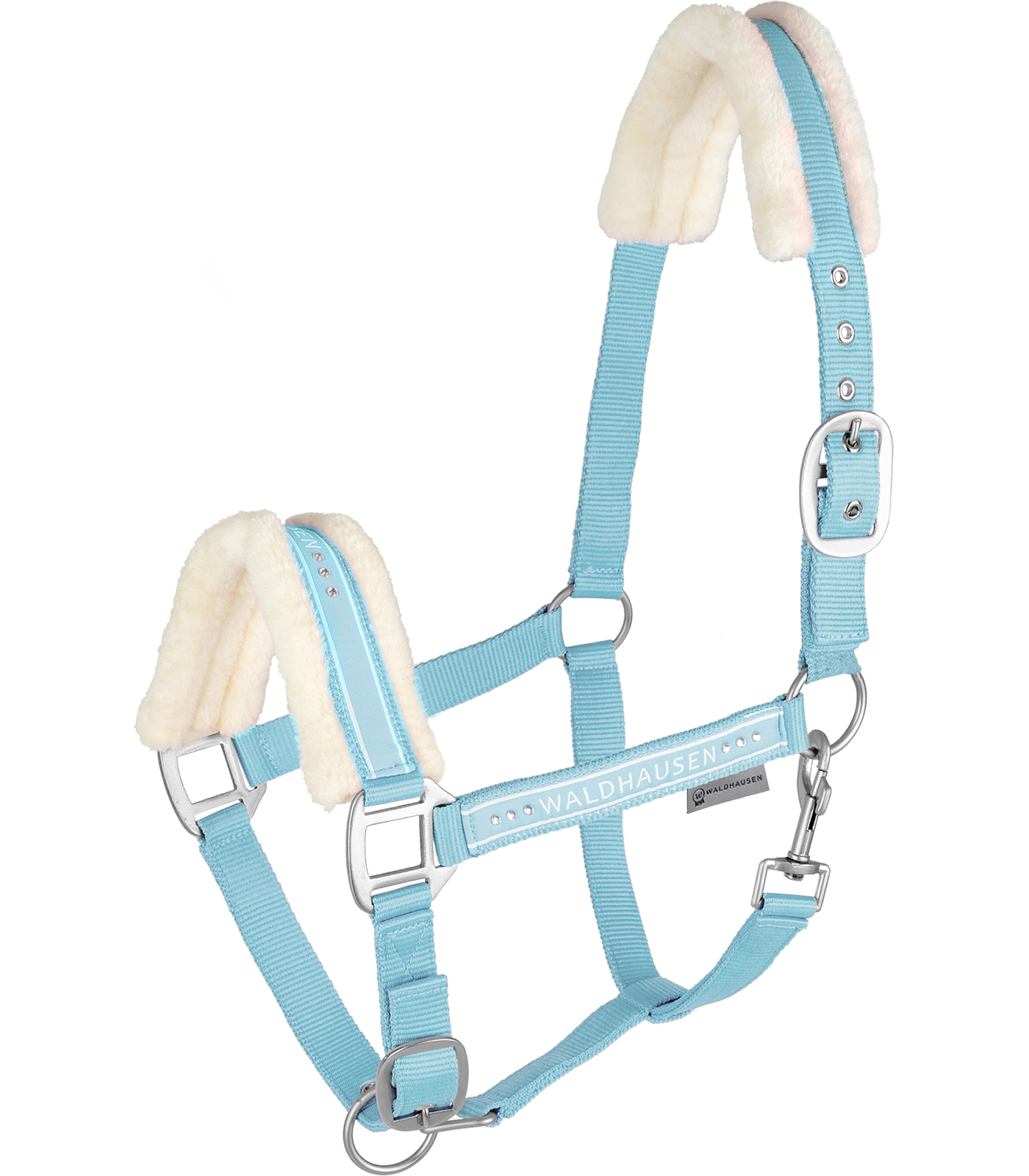 Waldhausen Halfter Elegant mit Glitzersteinen, weich gepolstert, hellblau, halter, Pferd, bläulich, Lammfell, verstellbar