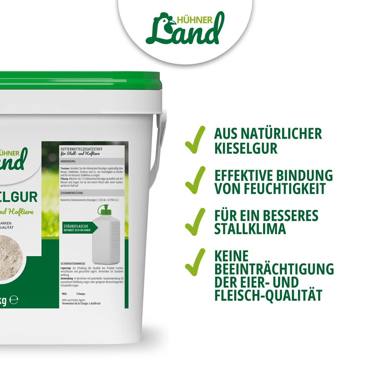 Hühnerland Pământ de diatomee natural 4,3 kg, infografic