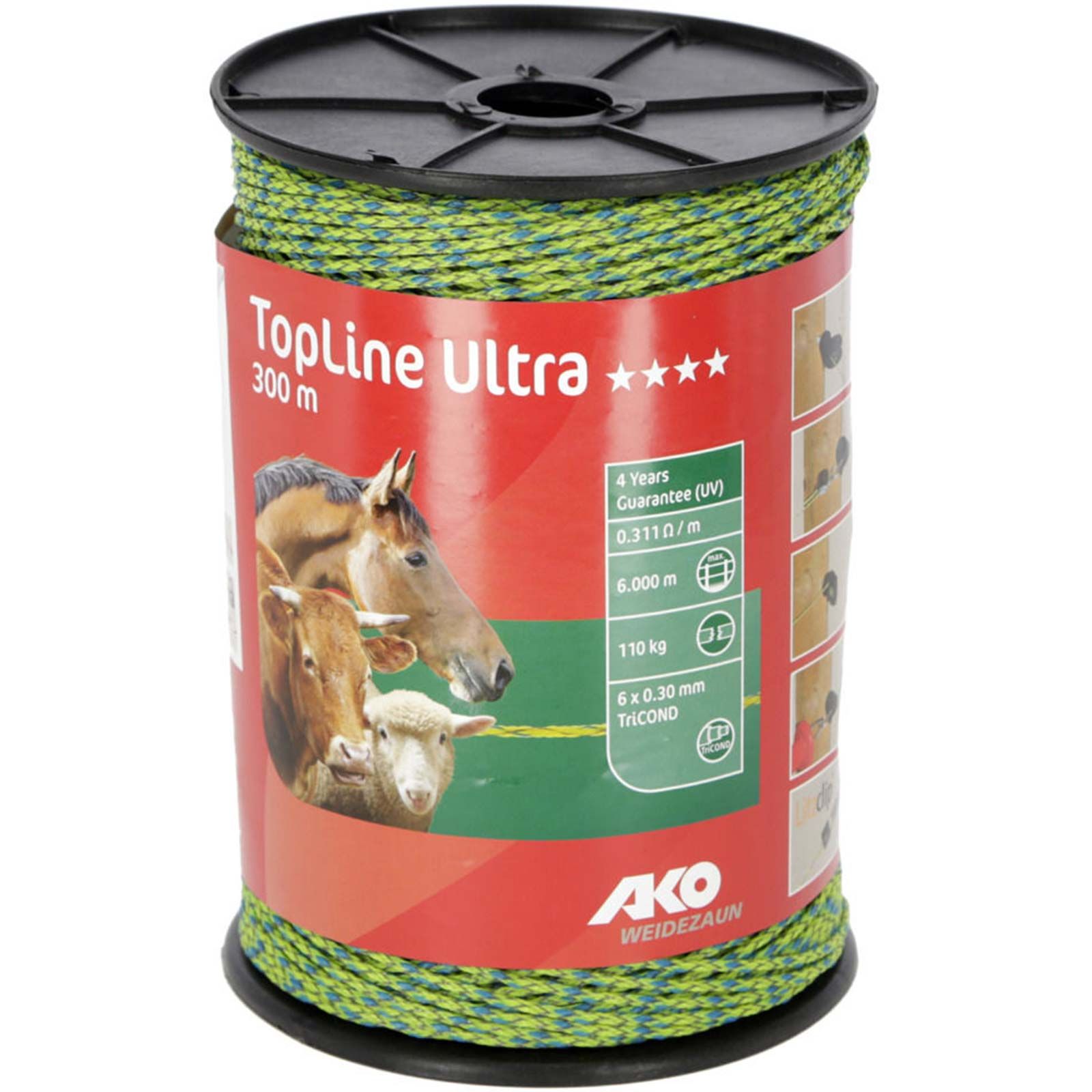 Ako Weidezaunlitze TopLine Ultra 300m, 6x0.30 TriCOND, neongelb-blau