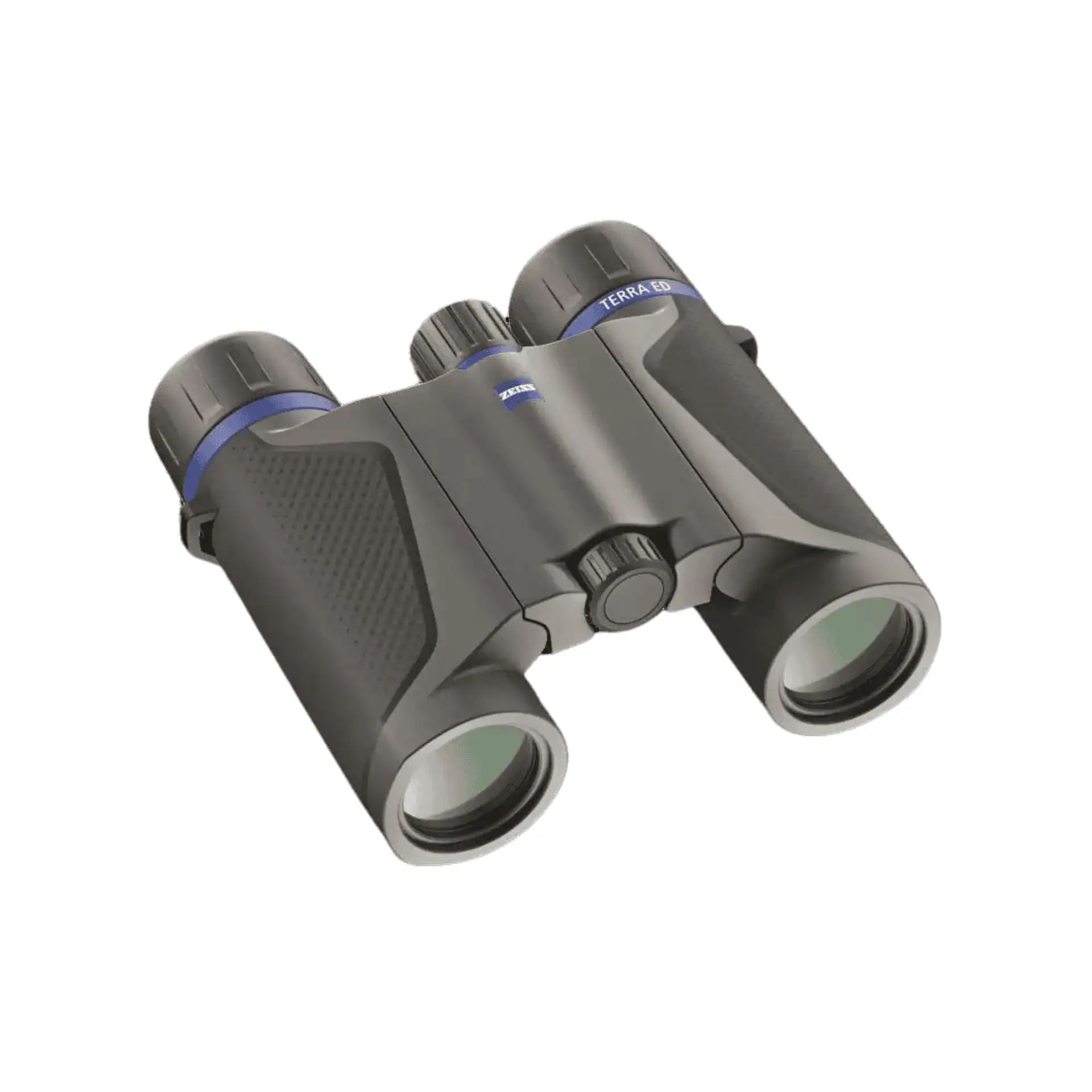 Dark binoculars from above at an angle, blue rings on the lenses, Terra ED