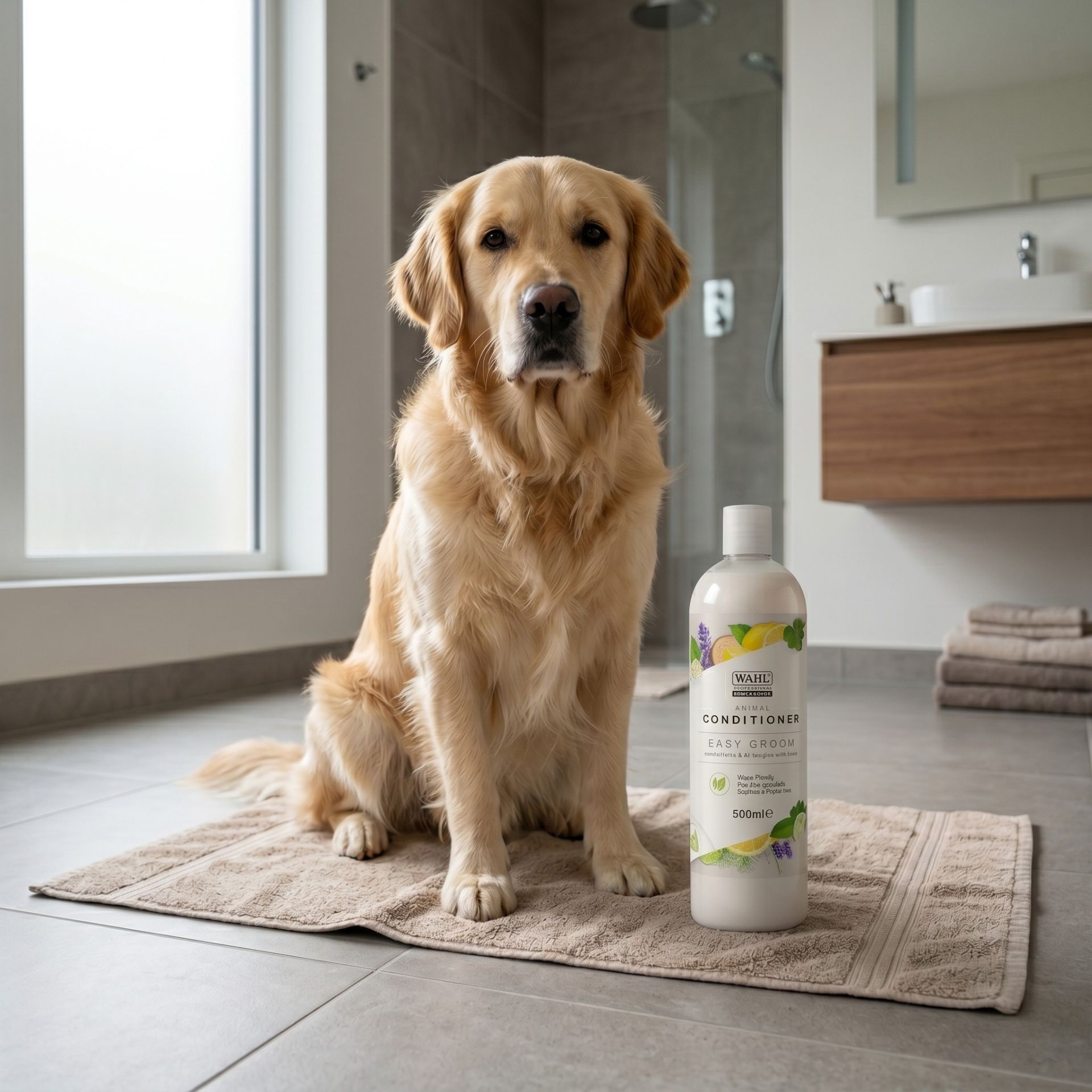 hund, golden retriever, haustier, flasche, konditionierer