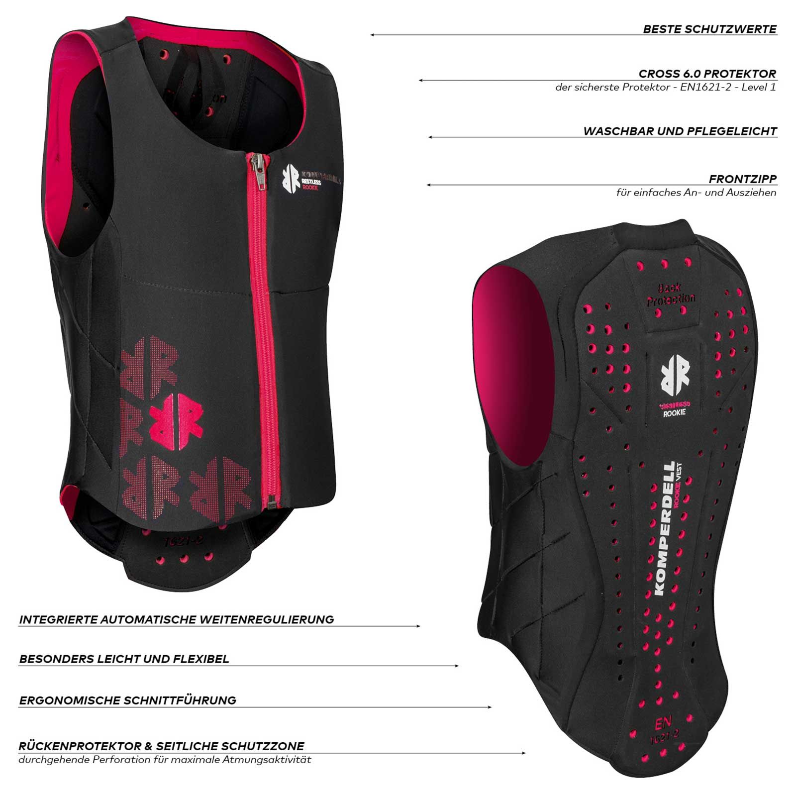 Komperdell Kinder vestă protecție echitație Ballistic Vest Junior negru/ roz, infografic