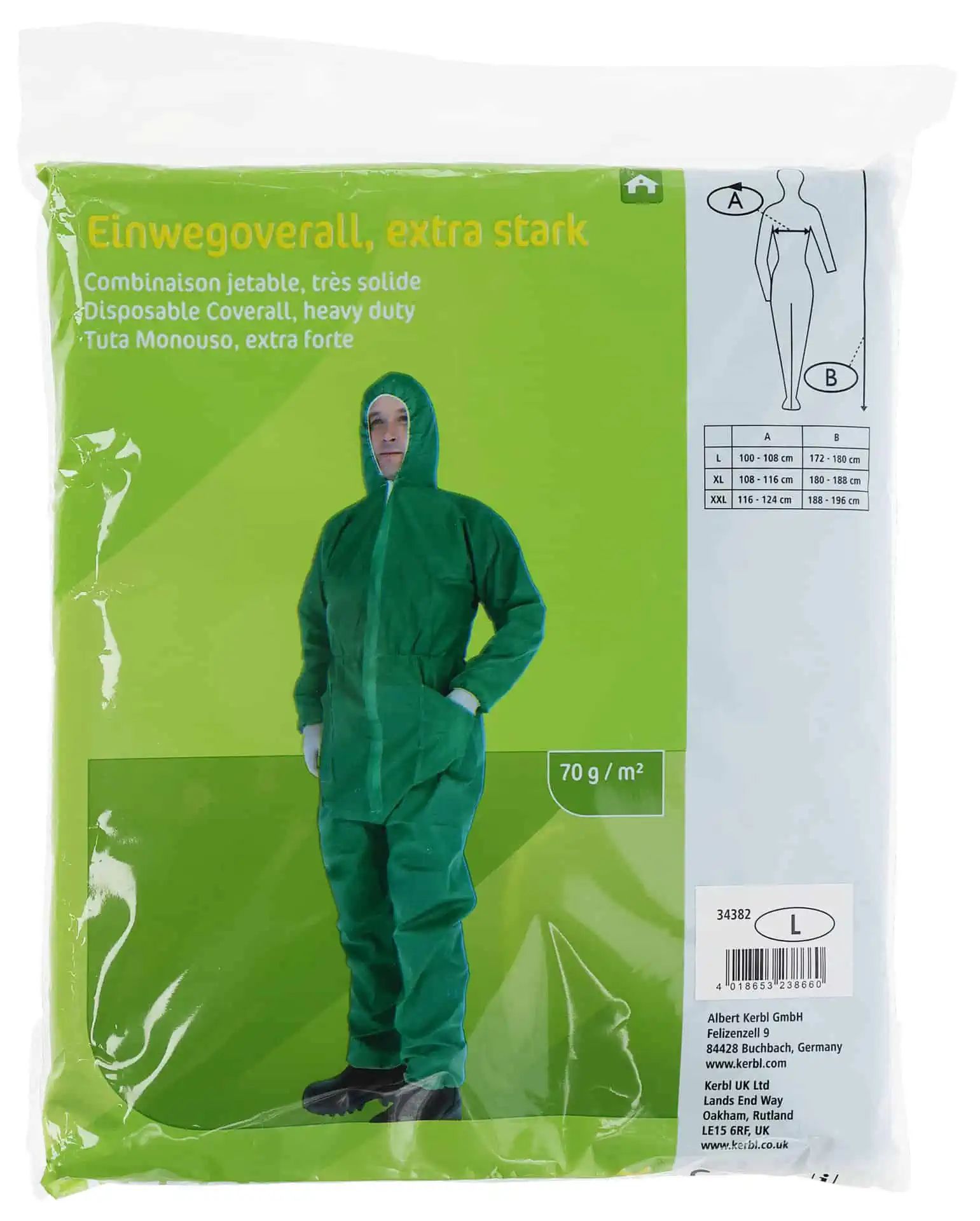 Kerbl PP Disposable Overall Green, Farm Protective Coverall with Hood, packaging