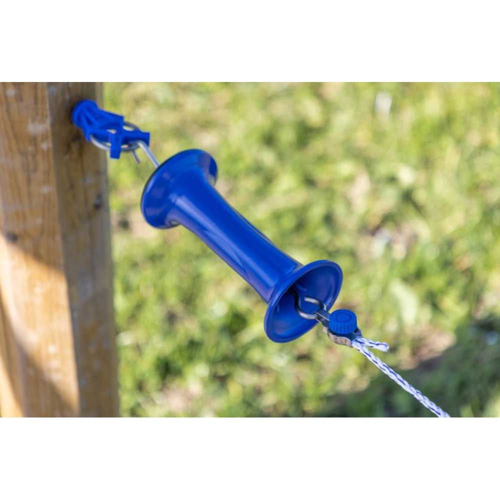 Agrarzone maniglia per cancello Premium con connettore fune e filo, in uso, isolatore