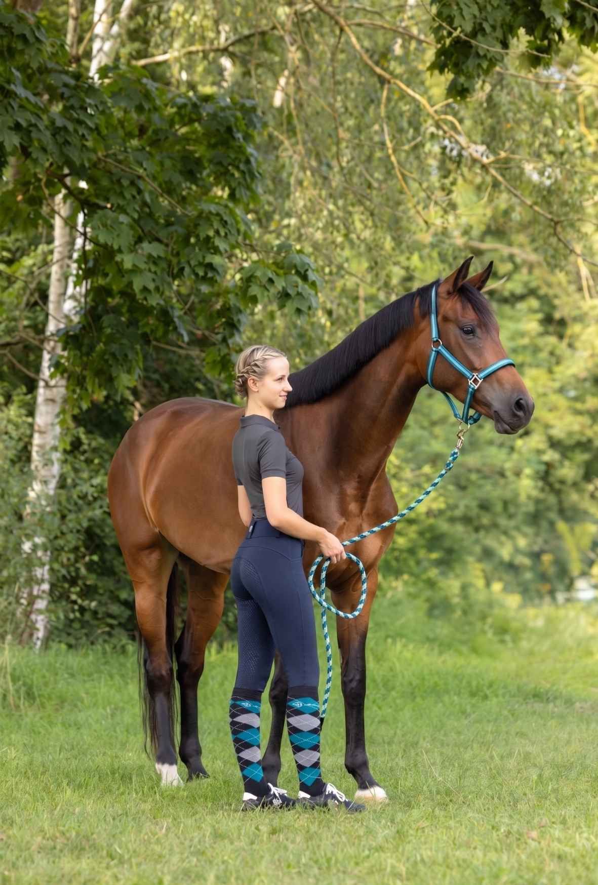 horse, rider, bridle, lead rope, socks