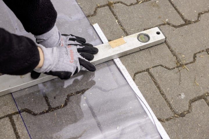 handschuhe, wasserwaage, lager, meterraster, bandmaß