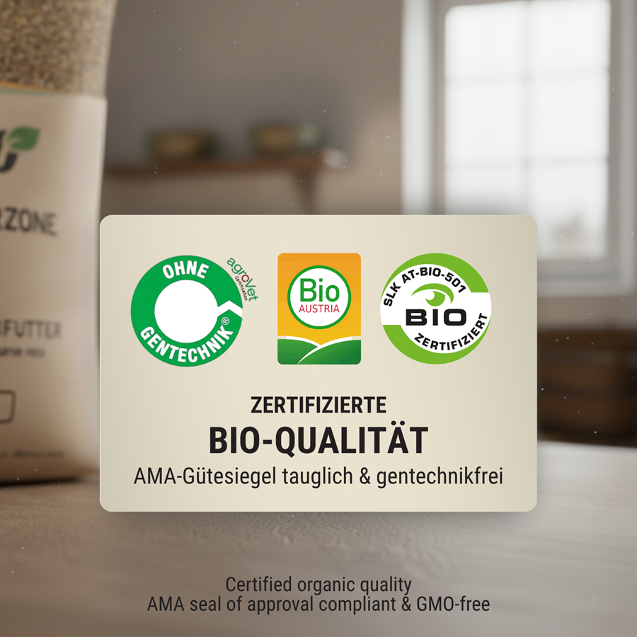 Etichetta con marchi bio, testo: qualità bio certificata, idonea marchio AMA, senza OGM