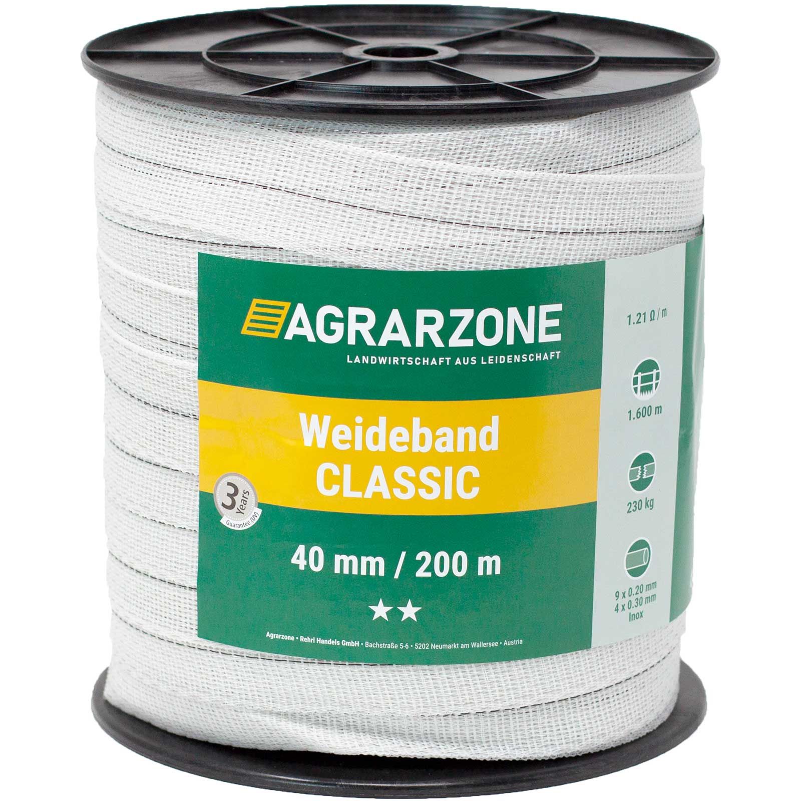 Ruban de clôture électrique Agrarzone CLASSIC 0,20 + 0,30 acier inox, blanc 200 m x 40 mm