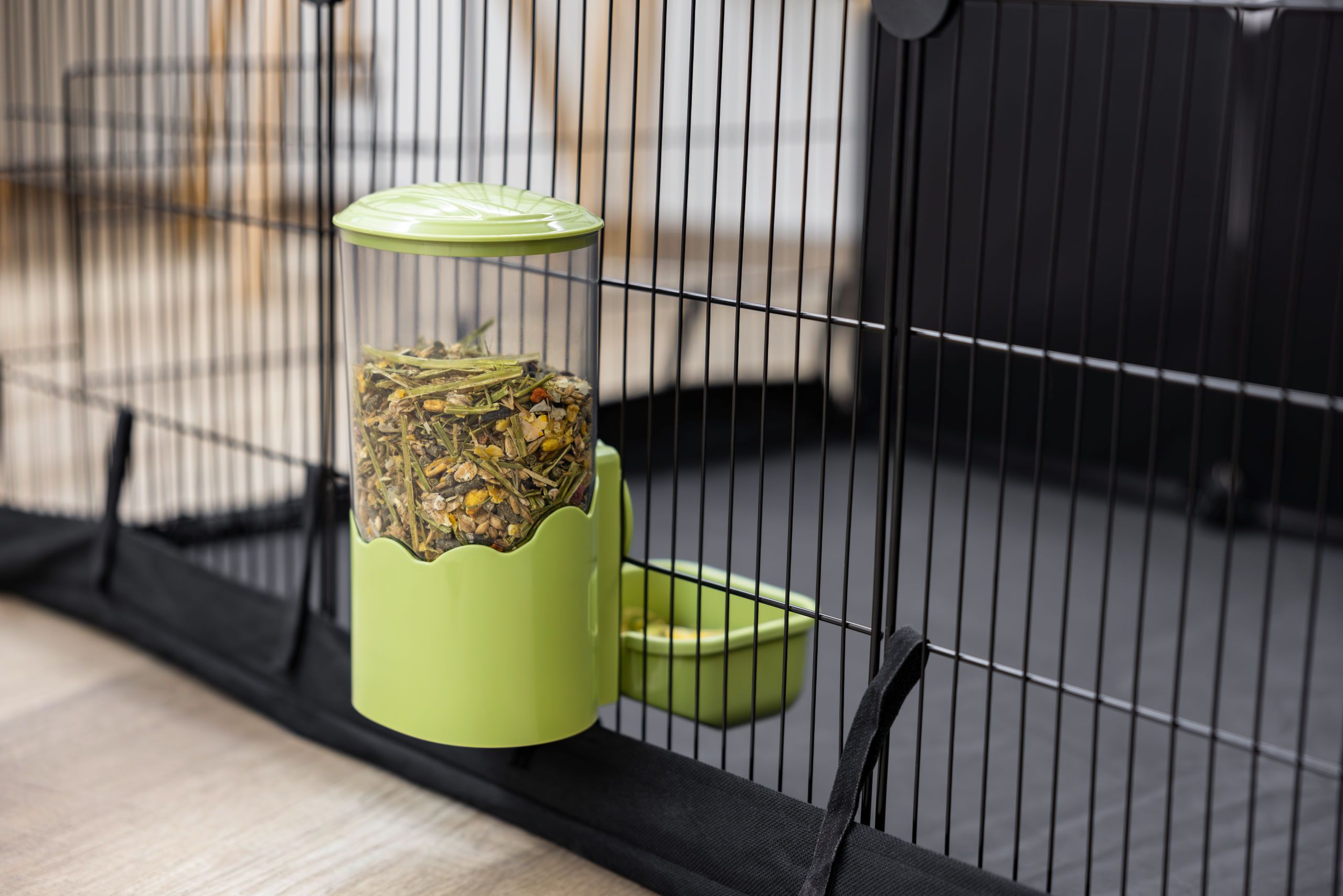 dog food, cage feeder, green container, pellets, hanging bowl