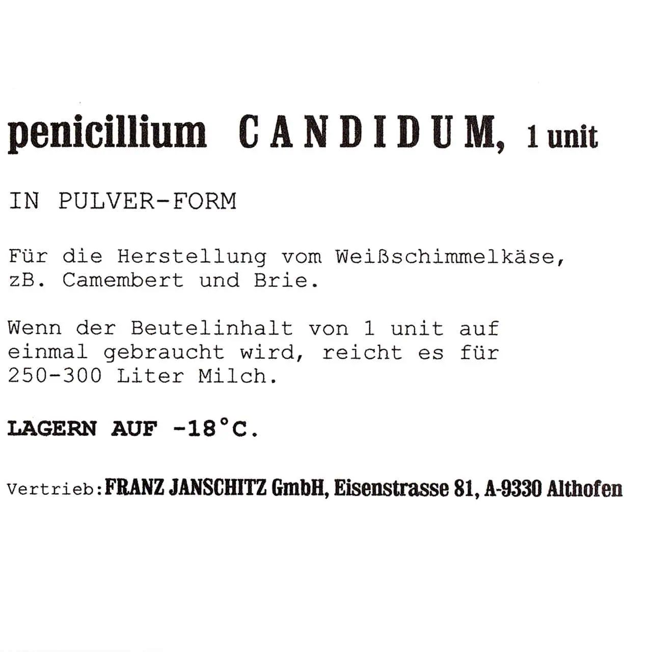 Milky Penicillium Candidum Muffa bianca liofilizzata per formaggi