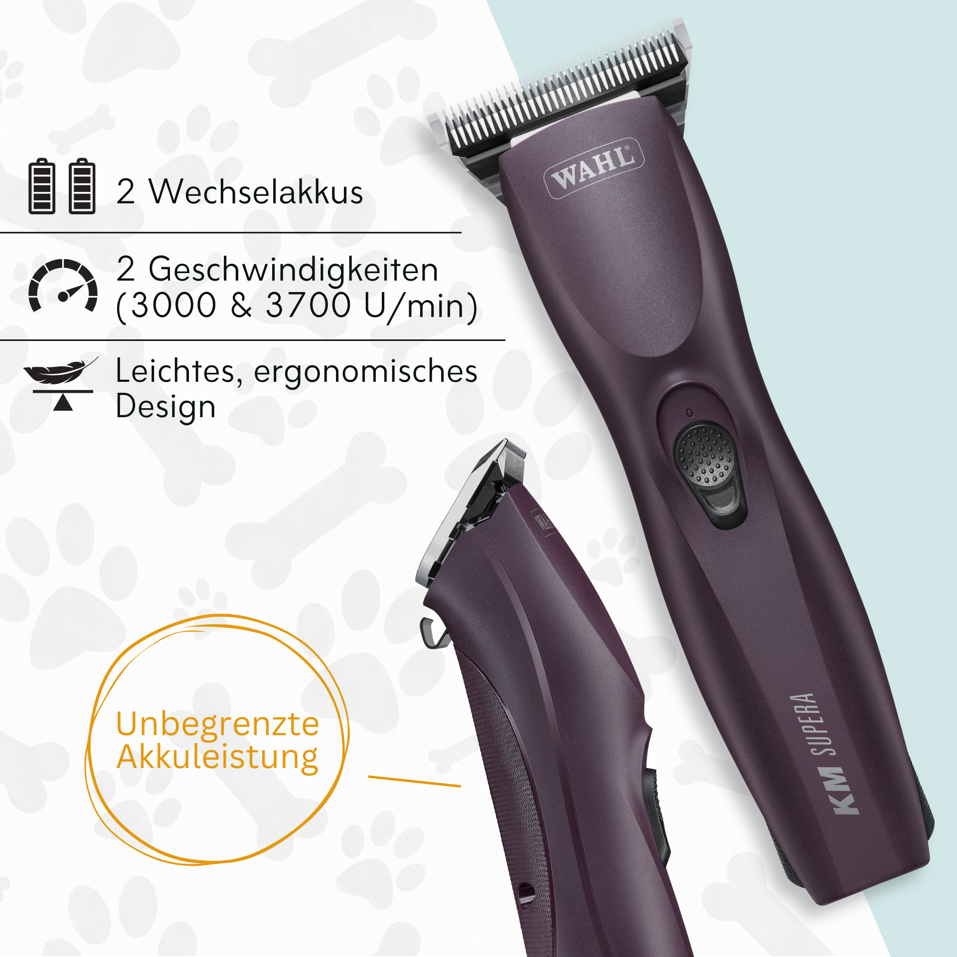 WAHL KM Supera Mașină de Tuns Cai 2x Baterie cu MagicBrush, infografic